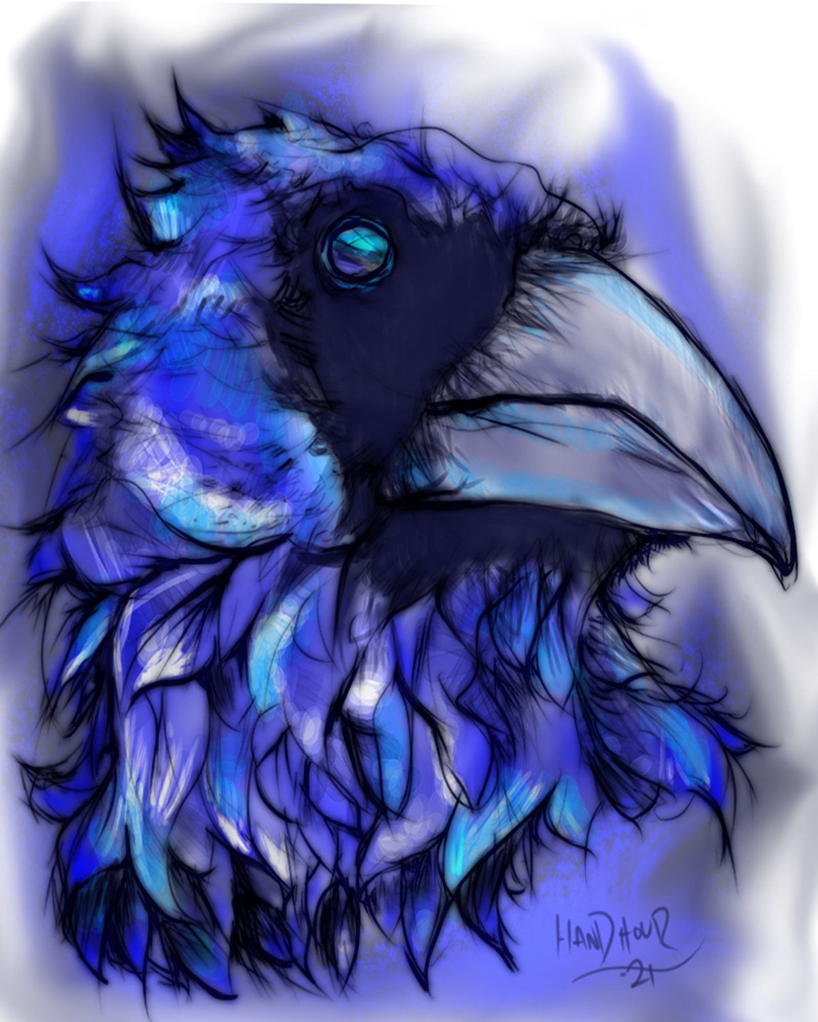 Portrait of a raven in shades of blue.