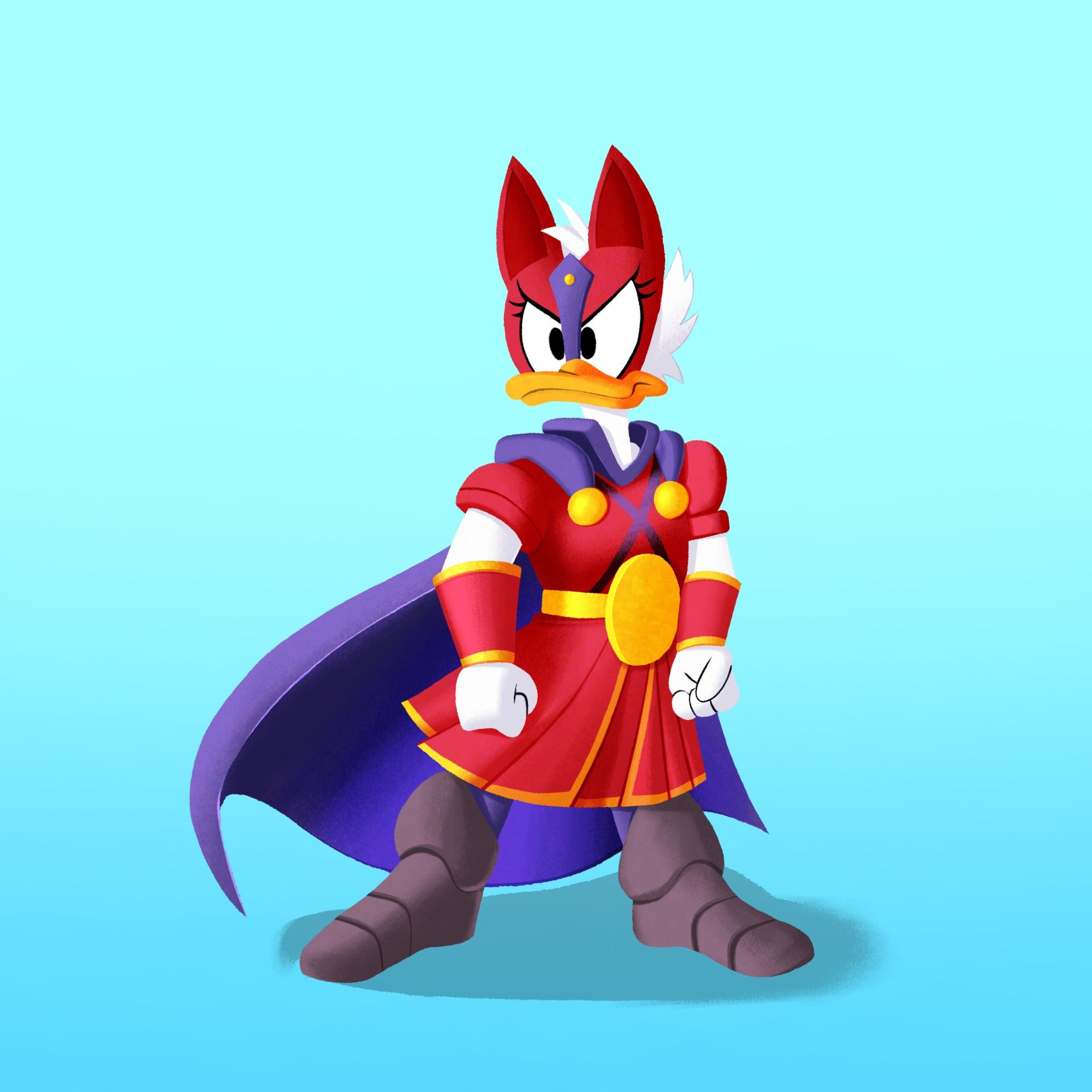 Daisy Duck as FoxKnight, glaring to the left side of the image, standing firm.