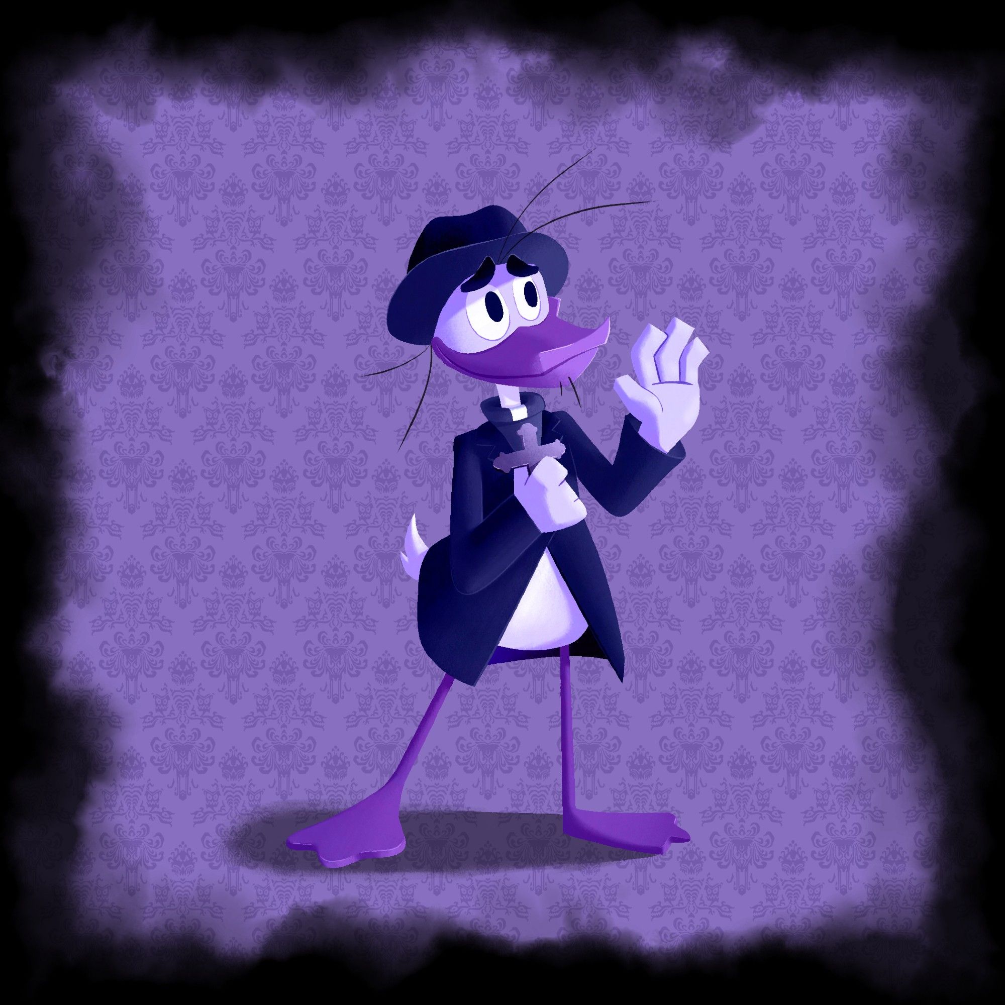 Fethry Duck dressed as the priest from the Haunted Mansion 2023 movie, waving hi.