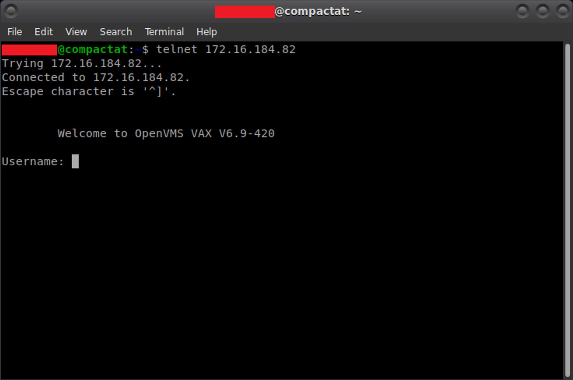 Screenshot of a GNOME console opened on my Debian laptop, a telnet session has been opened a local/private network, non-routable IP address, which is an OpenVMS/VAX system.

The version number is "V6.9-420".