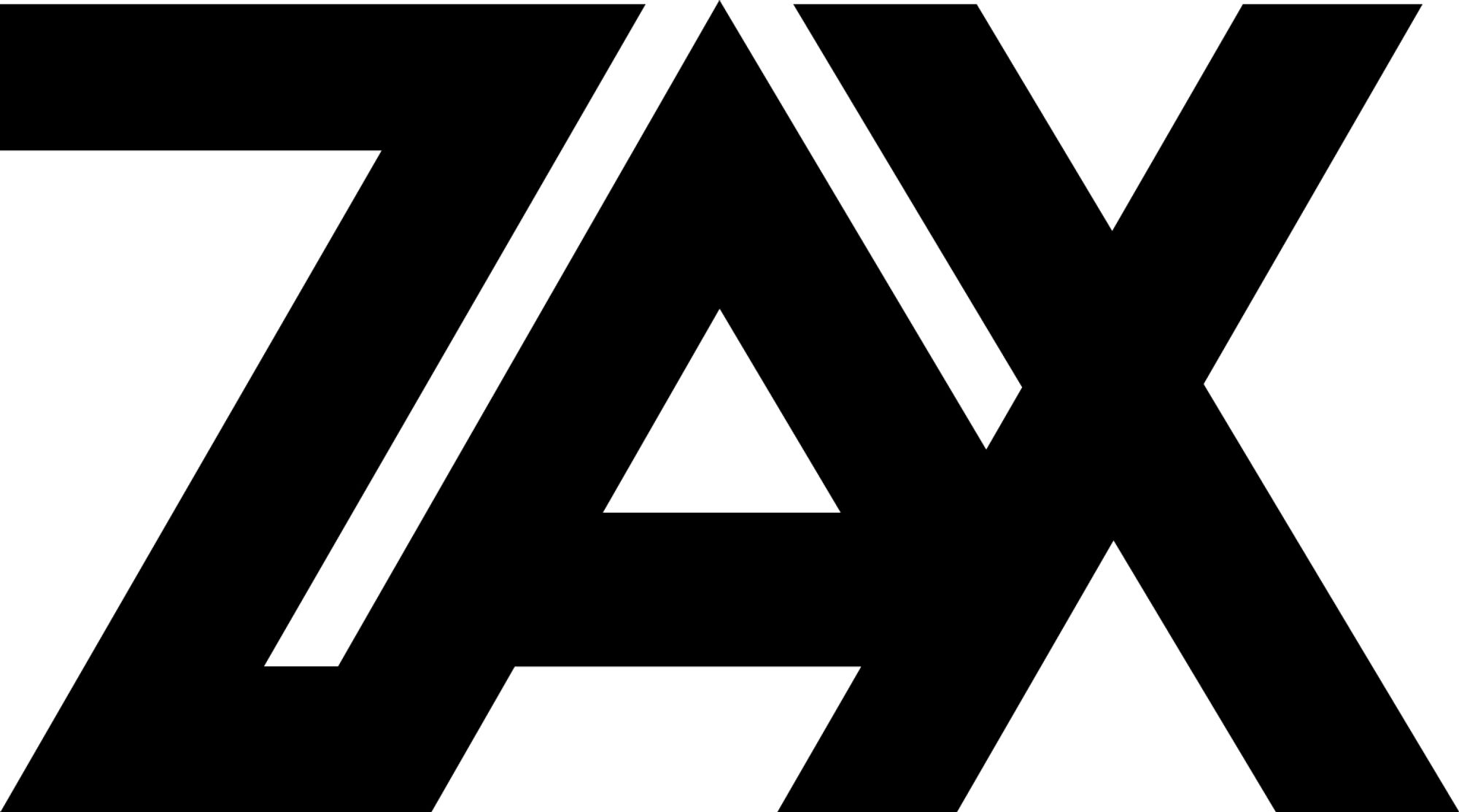 Stylized rendition of the text "ZAX" in black on a white background.