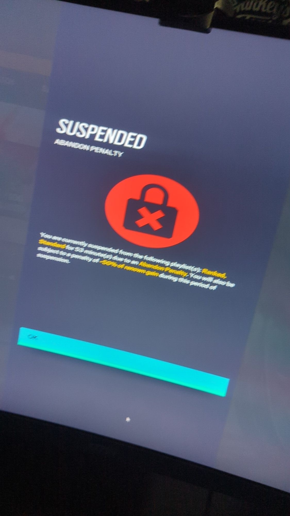 Suspended
Abandon Penalty

You are currently suspended from the following playlist(s): Ranked, Standard for X minute(s) due to an Abandon Penalty. You will also be subject to a penalty of -50% of renown gain during this period of suspension.

OK