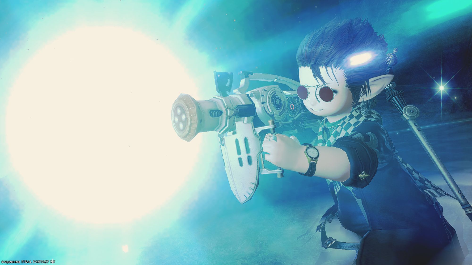 FFXIV screenshot of a lalafell firing a large ray-like weapon.