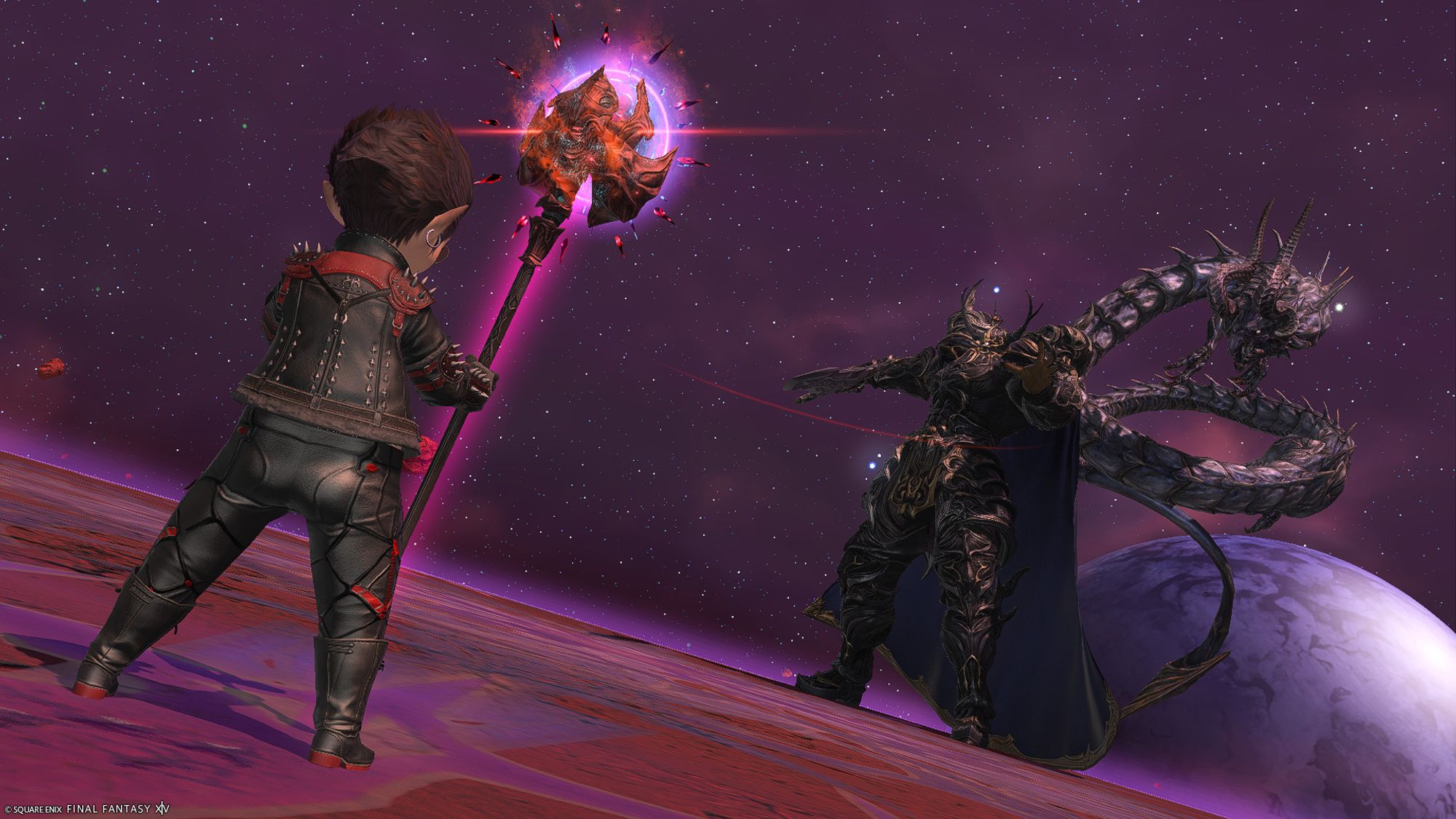 FFXIV screenshot of a lalafell white mage in a black and red leather outfit with a glowing red cane facing down Golbez on the moon of the 13th.