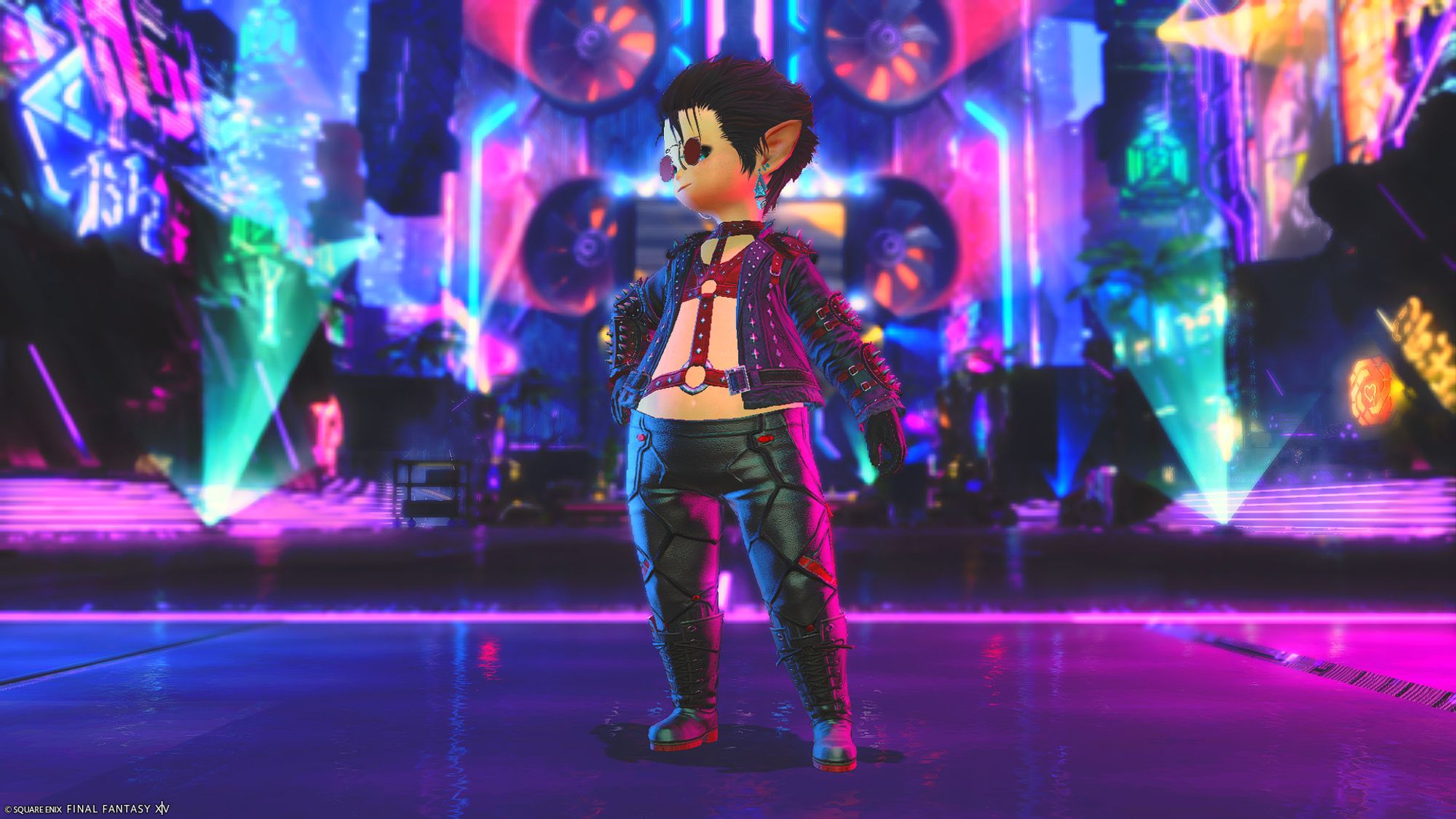 FFXIV screenshot of a lalafell wearing an open leather jacket with spikes and a harness underneath, along with gloves, leather pants, and tall leather boots. They're looking sideways at the viewer from behind round red glasses. They're colorfully lit by bright lights surrounding them in the futuristic city of Solution 9.