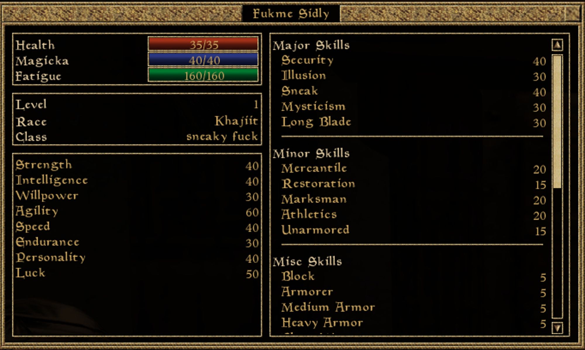 Cropped screenshot of the Morrowind character stat screen. This screen shows important information like Health, "Fatigue" and Magicka, character level, race and class, in this instance it is a custom class named "sneaky fuck" and divided up into multiple categories. Major, Minor and Misc Skills, with Birthsign which is off screen. Custom class was built with stealth and theft in mind but for some reason ended up having Long Blade in the Major Skill category which, for roleplay reasons, isn't what the thief I'm going for would use.