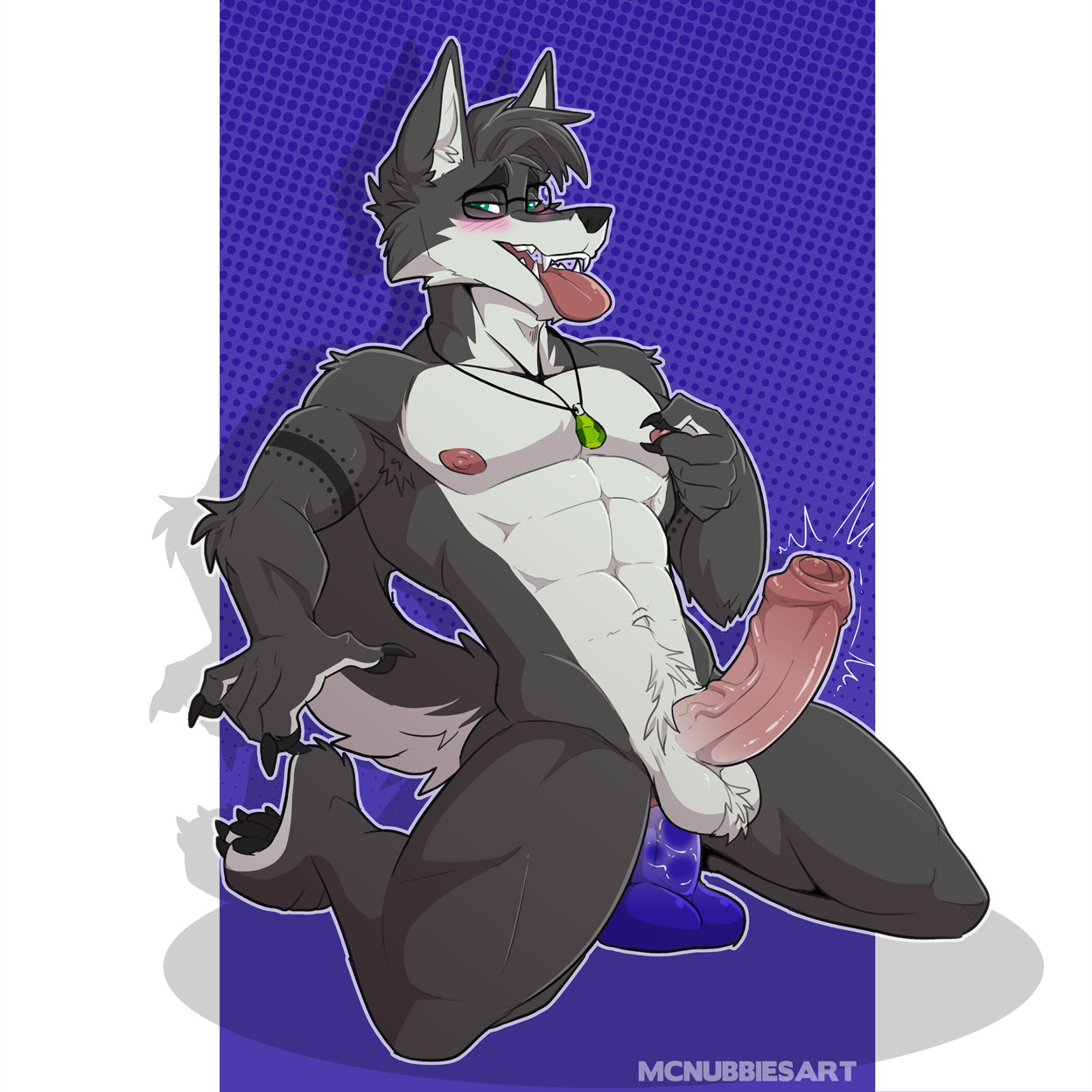 A stylistic drawing of an anthropomorphic wolf with grey and white fur, banded arm tattoos on his biceps, a green pendant around his neck and a pair of glasses. Kneeling on the floor, a dildo penetrates his rear as his rock-hard cock stands at attention. As he pinches his left nipple, he glances at you with his tongue out and a lustful expression in his eyes.