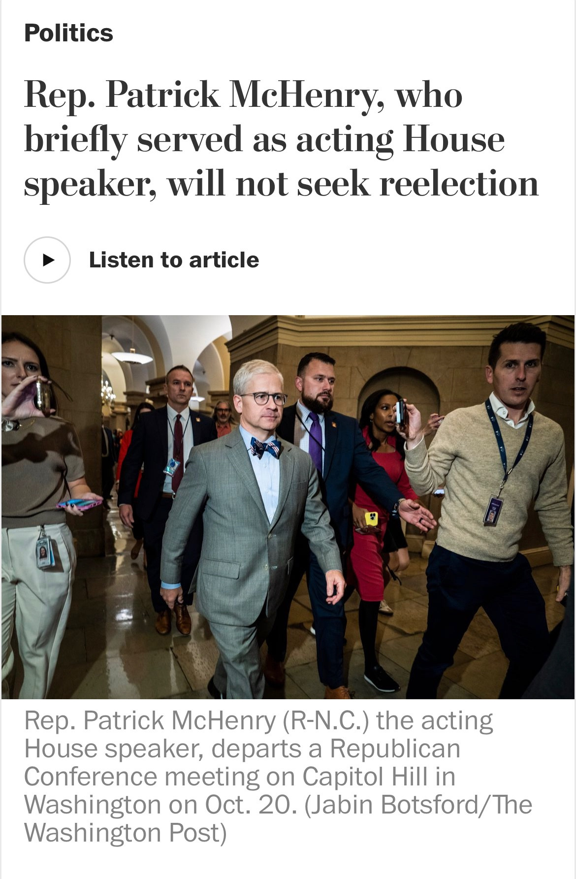 Headline from The Washington Post saying that Rep Patrick McHenry will not seek reelection after 9 terms.