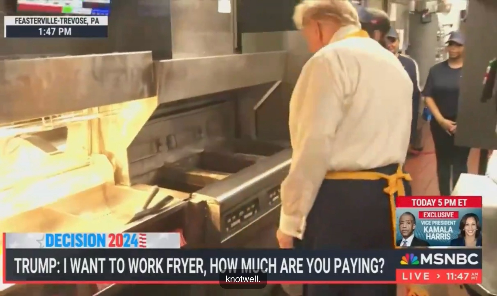 Trump lumbers around a Pennsylvania McDonalds being shown the fryer. 