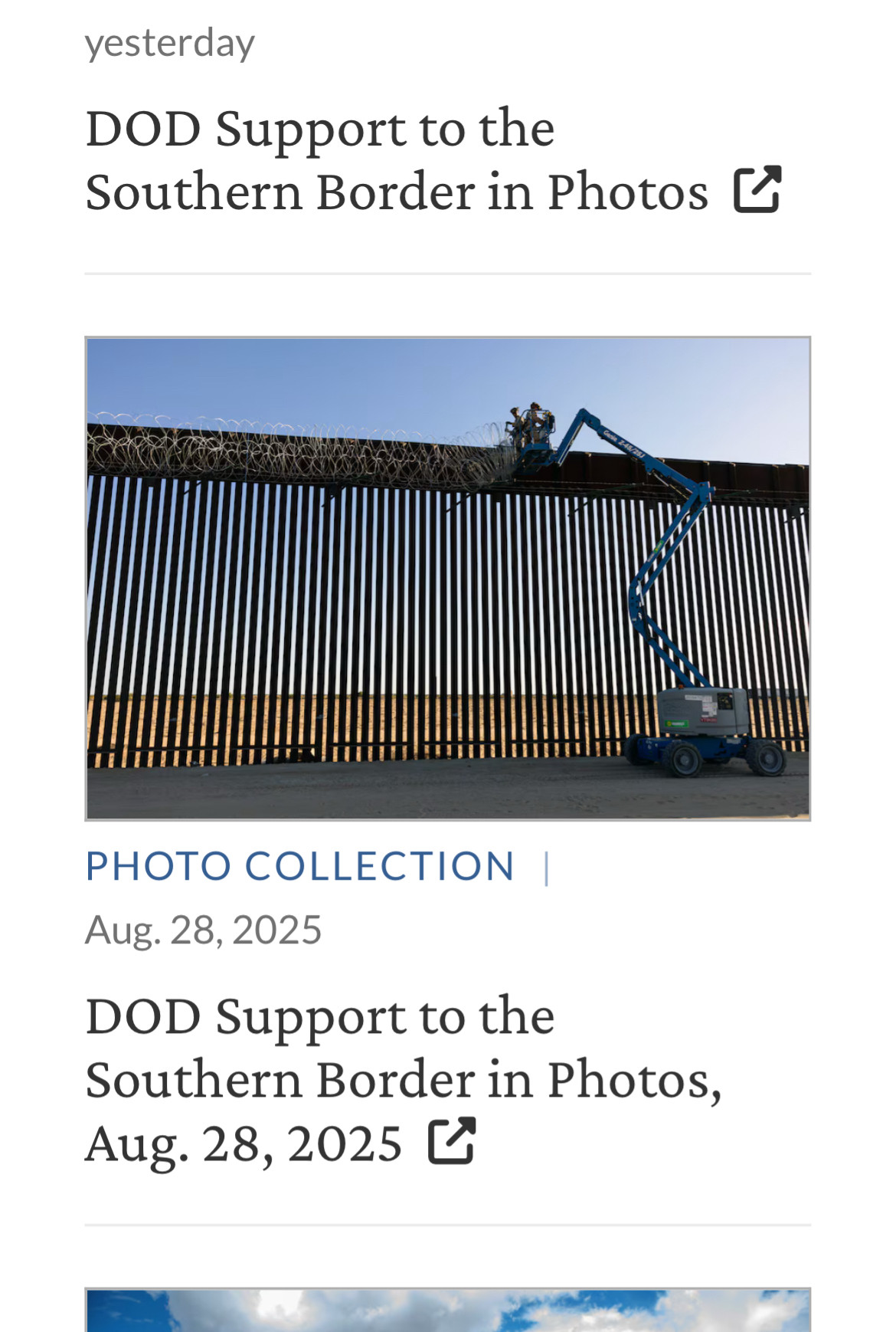 yesterday
DOD Support to the Southern Border in Photos
PHOTO COLLECTION |
Aug. 28, 2025
DOD Support to the Southern Border in Photos, Aug. 28, 2025 C