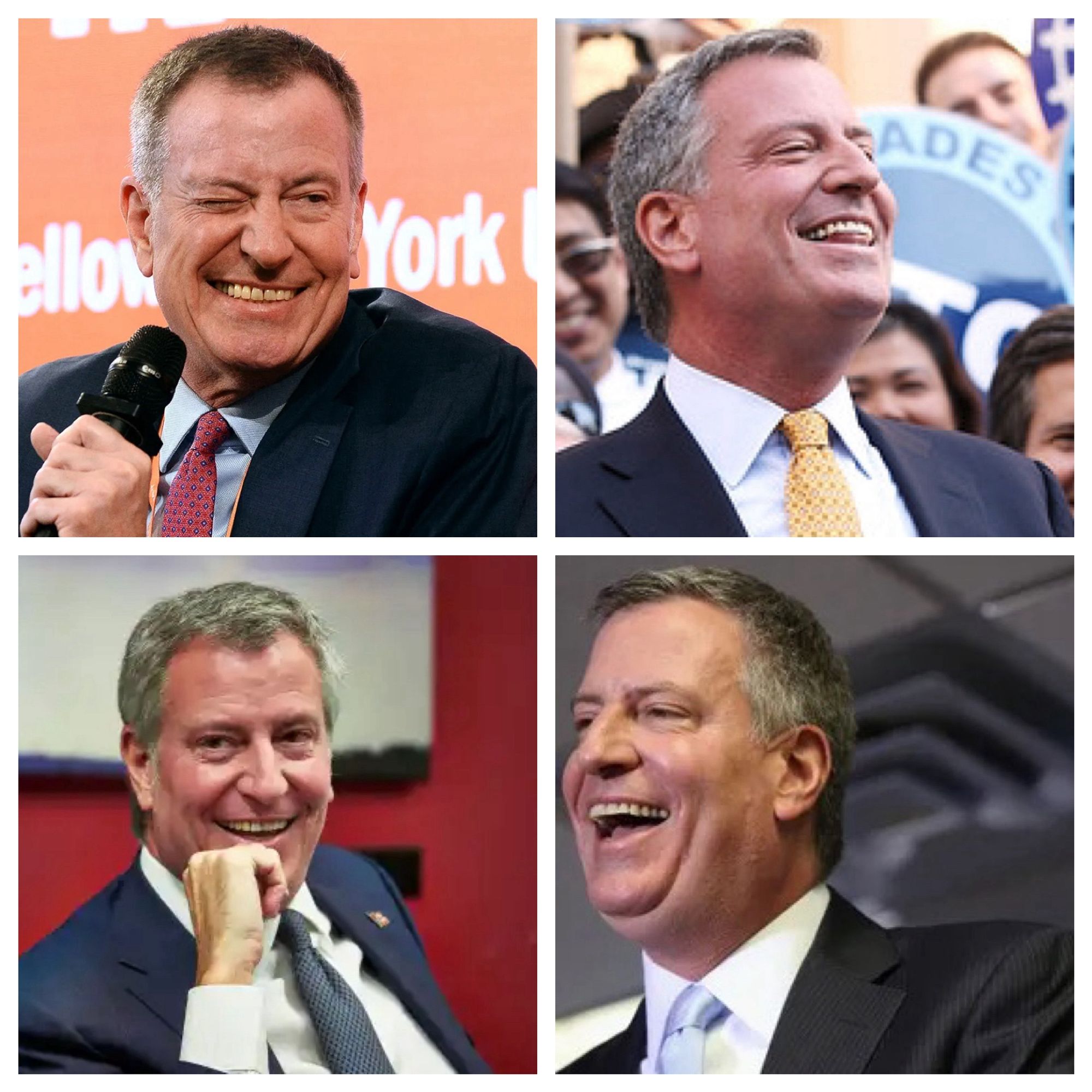 A collage of images of DeBlasio laughing