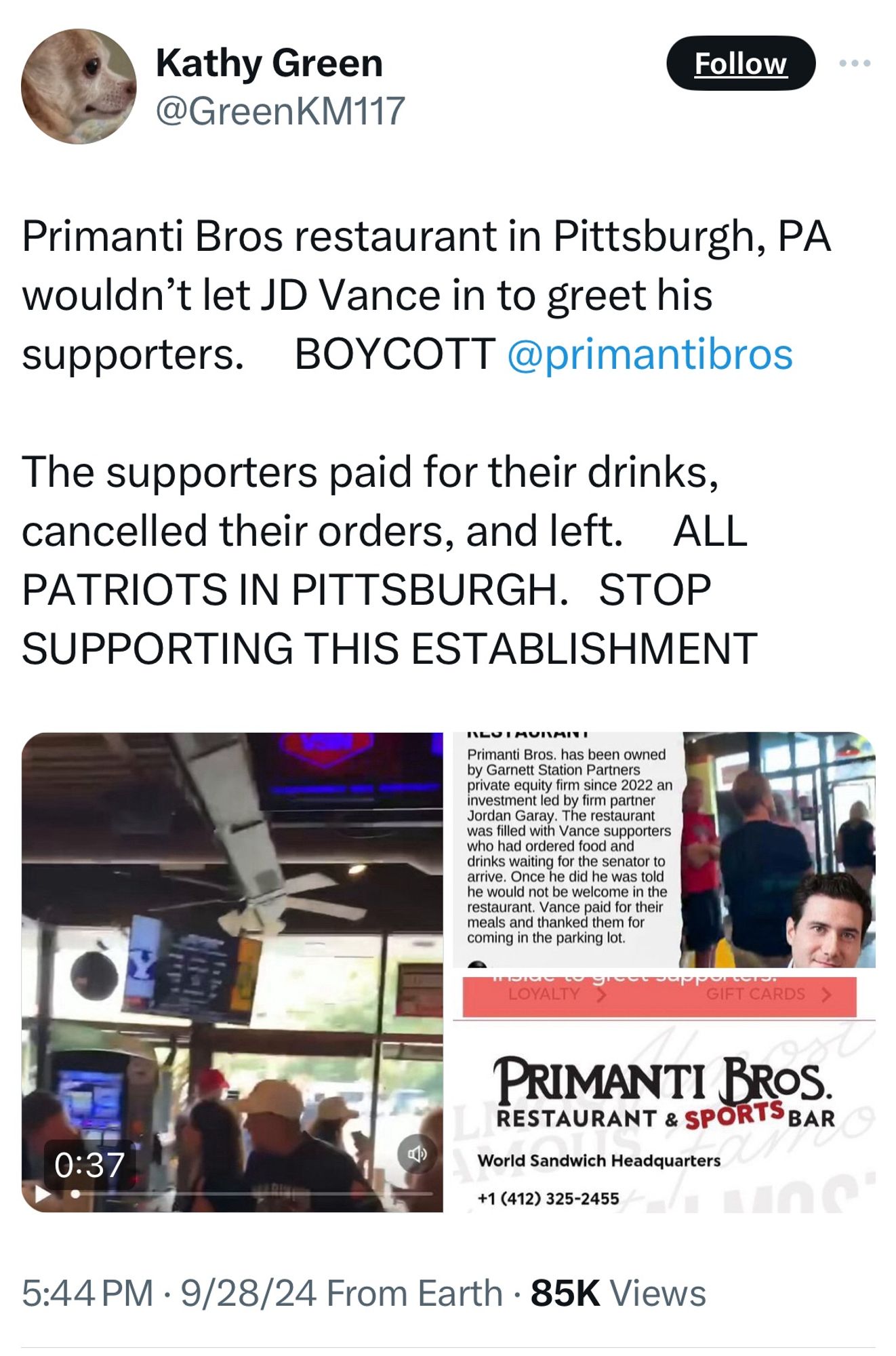 Kathy Green
@GreenKM117
Follow
Primanti Bros restaurant in Pittsburgh, PA wouldn't let JD Vance in to greet his supporters. BOYCOTT @primantibros
The supporters paid for their drinks, cancelled their orders, and left. ALL PATRIOTS IN PITTSBURGH. STOP SUPPORTING THIS ESTABLISHMENT