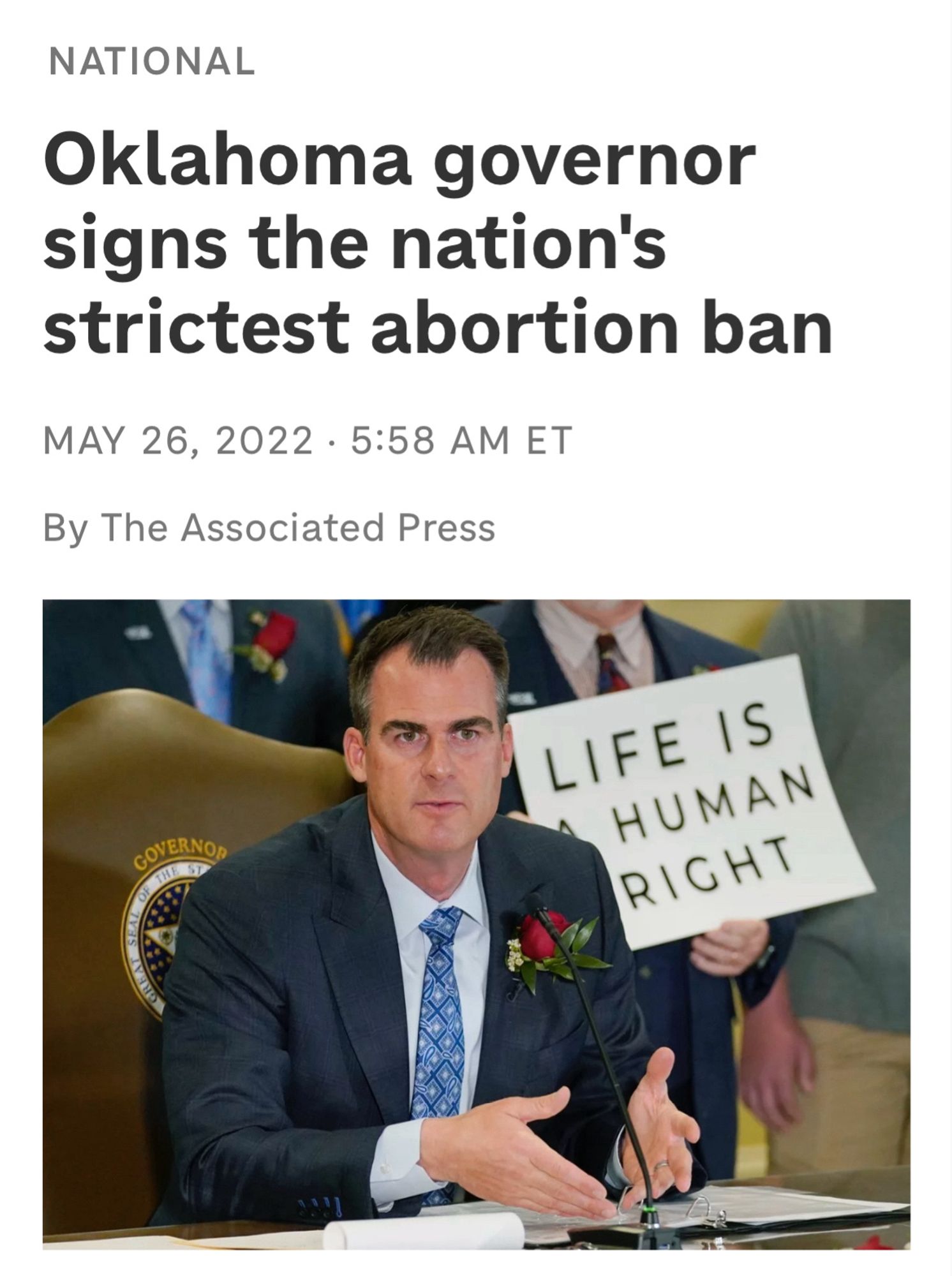 Headline: "Oklahoma Governor signs the nation's strictest abortion ban"