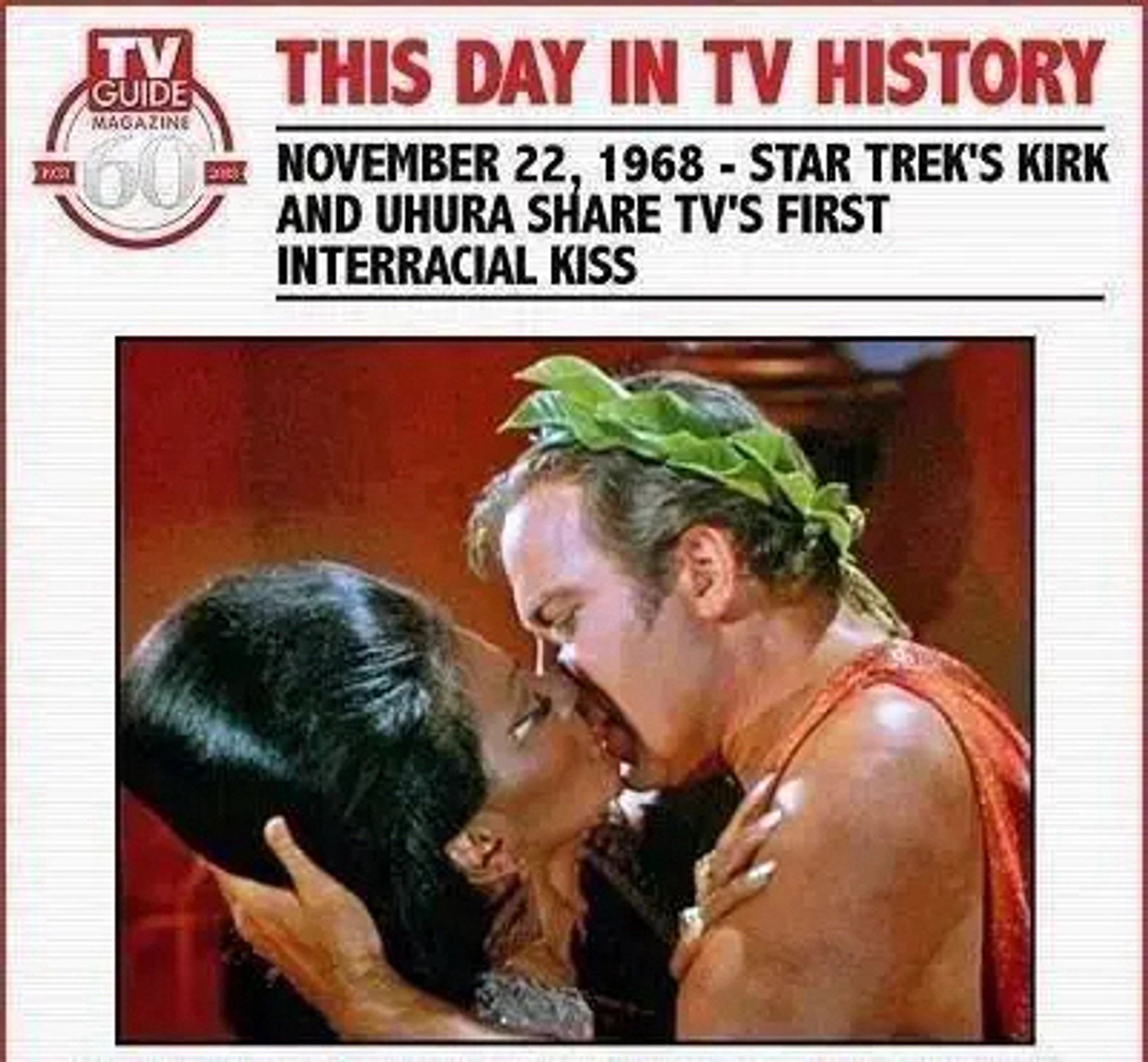 Kirk and Uhura sharing TVs first interracial kiss