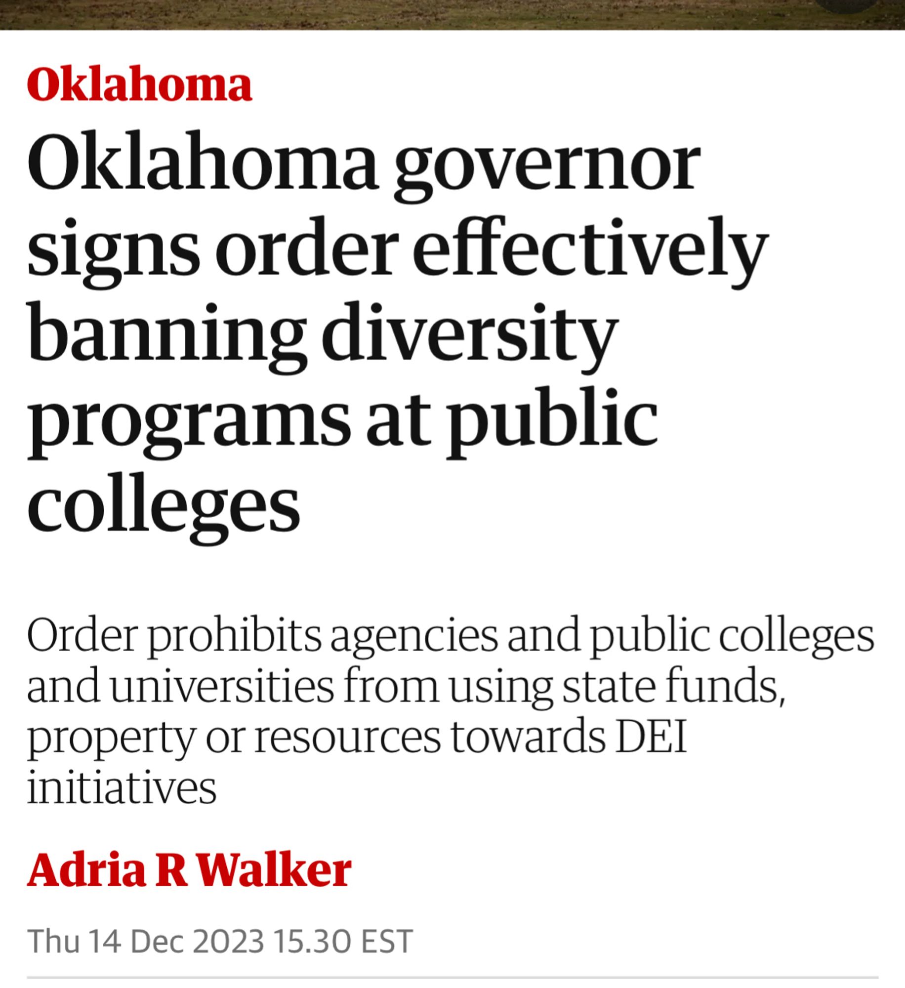 Headline: "Oklahoma governor signs order effectively banning diversity programs at public colleges"