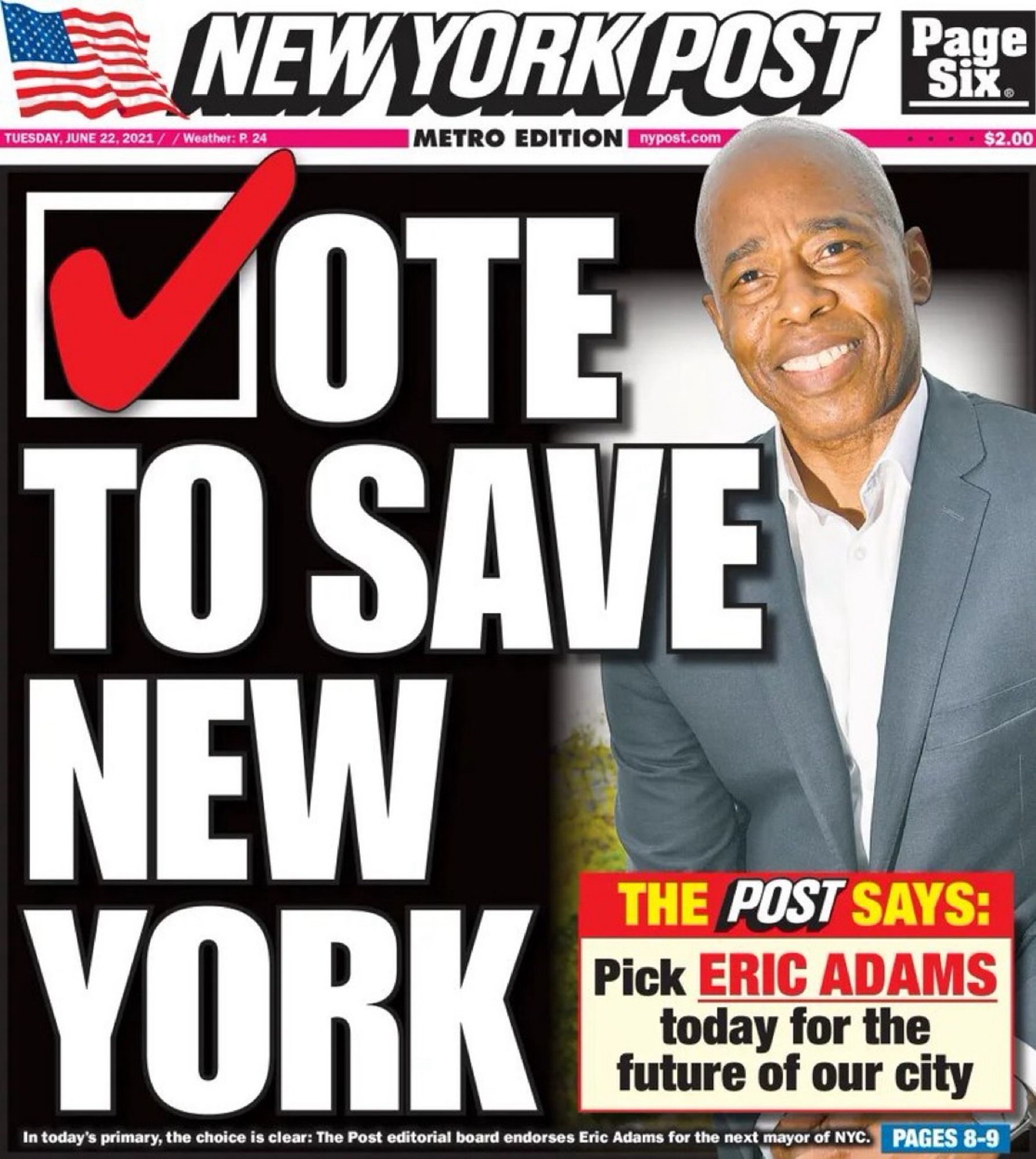 NY post cover endorsing Adams