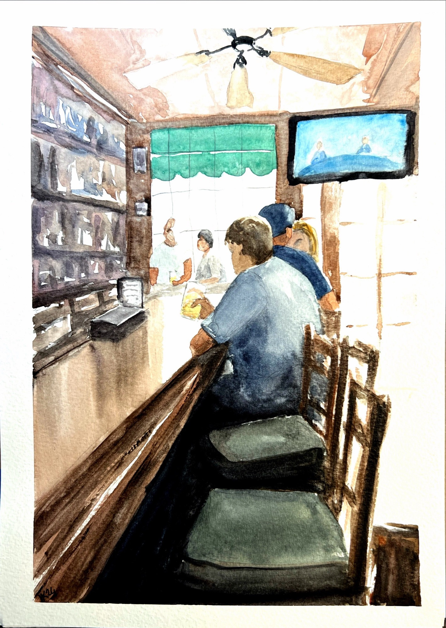 Amateur watercolor of the interior of a bar.