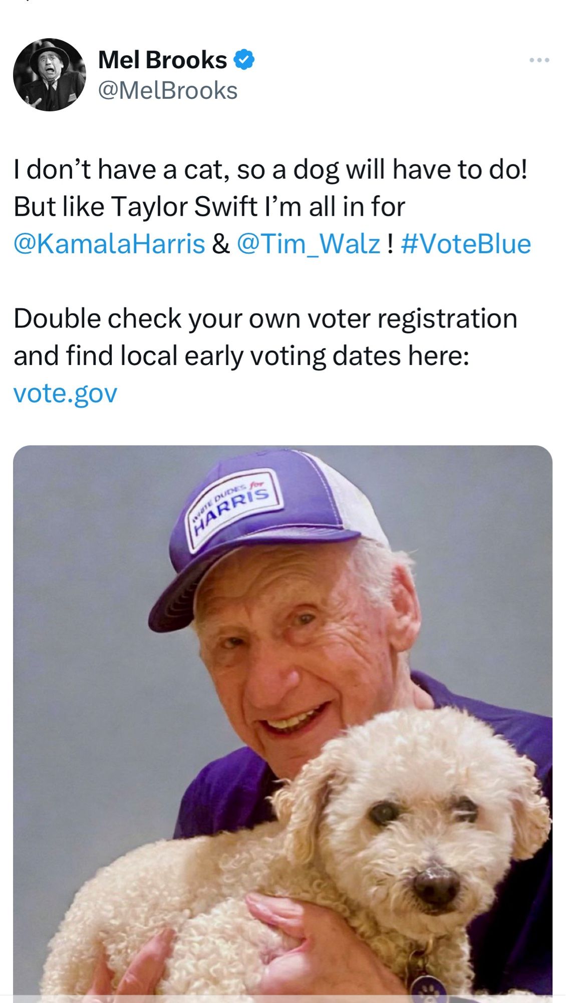 Mel Brooks &
@MelBrooks
I don't have a cat, so a dog will have to do!
But like Taylor Swift I'm all in for
@KamalaHarris & @Tim_Walz! #VoteBlue
Double check your own voter registration and find local early voting dates here:
vote.gov
ATE DUDES
HARRIS