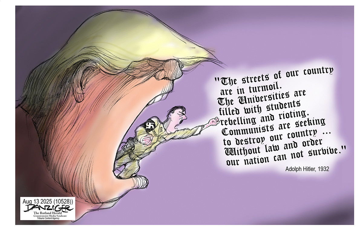Cartoon showing a giant Trump head shouting with Hitler emerging from his mouth saying "The streets of our country are in turmoil.
The Universities are filled with students rebelling and rioting.
Communists are seeking to destroy our country ....without law and order our nation can not survive. - Adolf Hitler 1932"