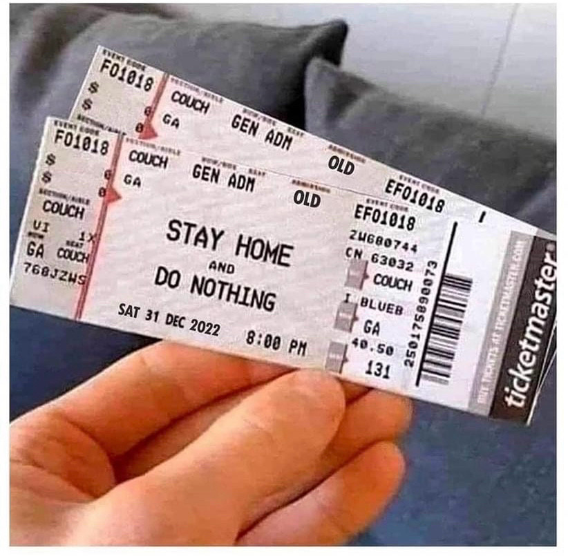 Two general admission tickets for "stay home and do nothing" - seating is listed as "couch"