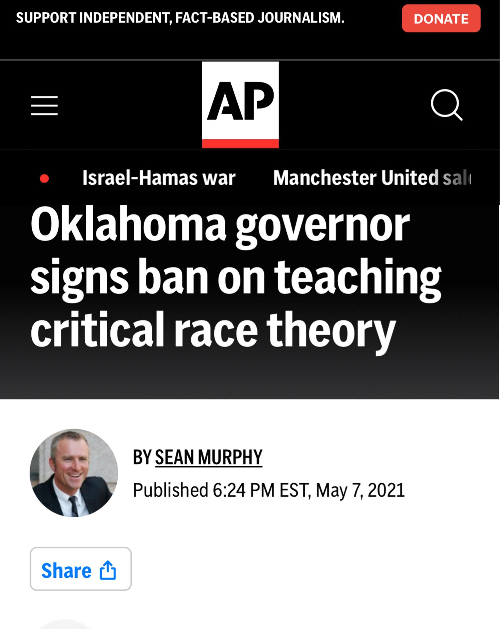 Headline: "Oklahoma governor signs ban on teaching critical race theory"