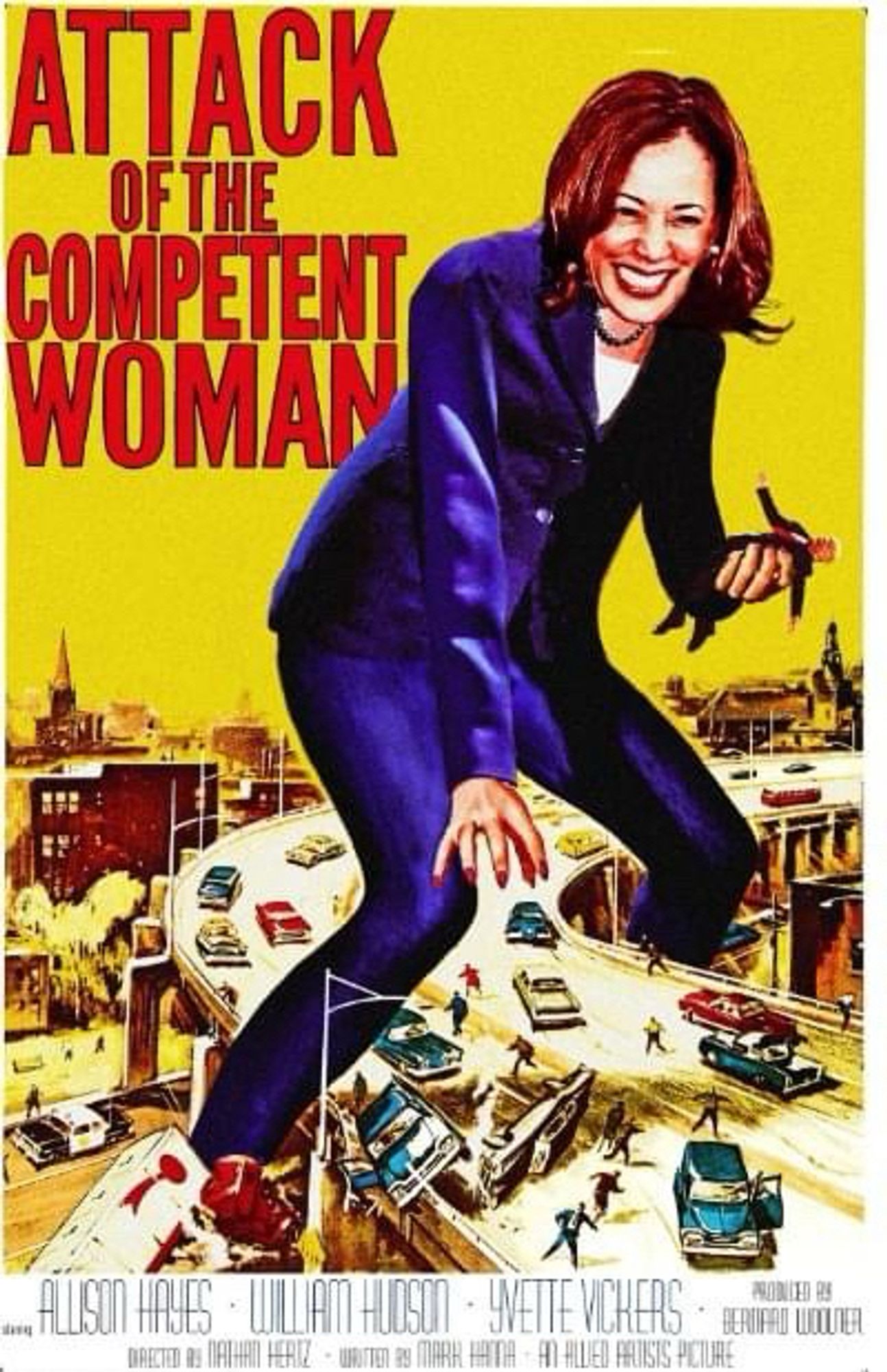 Poster for the movie "attack of the 50 foot woman" Photoshopped to show a giant Kamala Harris with the title changed to "attack of the competent woman"