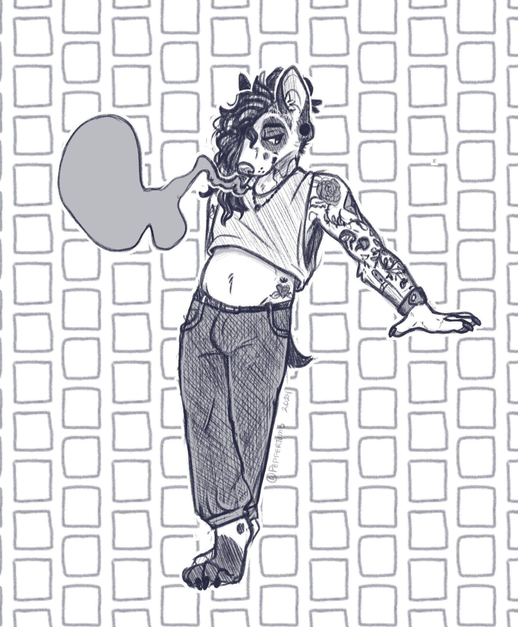 A black and white digital sketch of an anthro bull terrier, looking away and smoking a joint. He is wearing a crop top and dark pants, and has cooking/nature themed armsleeve tattoos