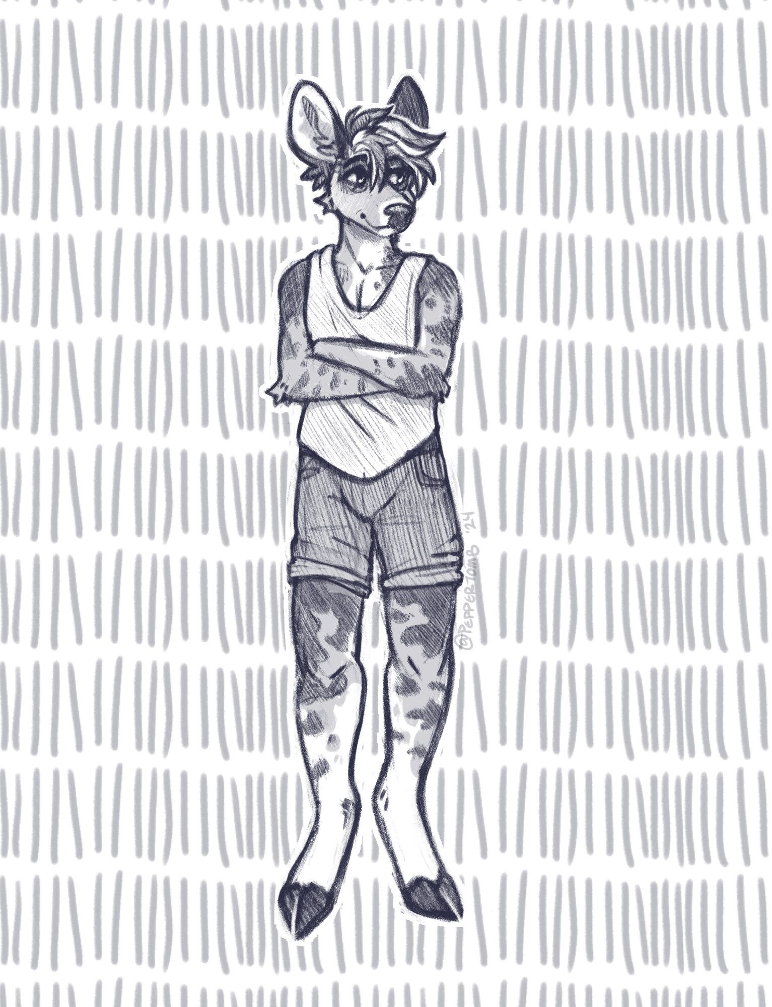 A black & white sketch of an anthro deer, crossing their arms and looking to the side.