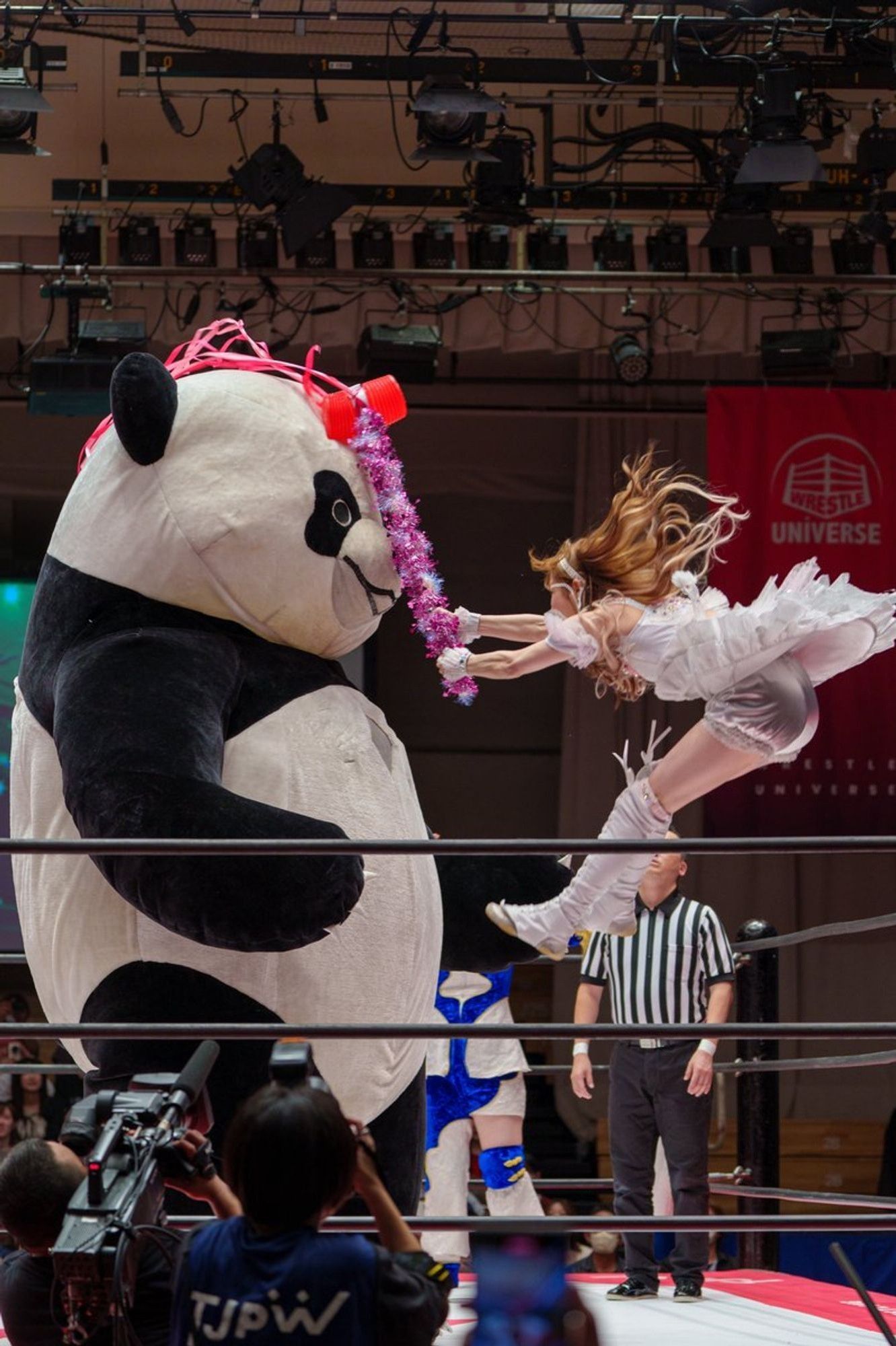 A giant panda suit, in a wrestling being clocked by a female japanese wrestler midair.