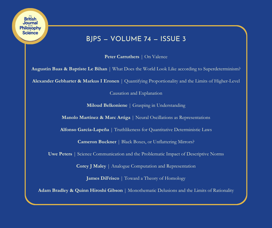 BJPS, volume 74, issue 3
Table of Contents
Peter Carruthers  —  On Valence
Augustin Baas  &  Baptiste Le Bihan  —  What Does the World Look Like according to Superdeterminism?
Alexander Gebharter  &  Markus I Eronen  —  Quantifying Proportionality and the Limits of Higher-Level Causation and Explanation
Miloud Belkoniene  —  Grasping in Understanding
Manolo Martínez  &  Marc Artiga  —  Neural Oscillations as Representations
Alfonso García-Lapeña  —  Truthlikeness for Quantitative Deterministic Laws
Cameron Buckner  —  Black Boxes, or Unflattering Mirrors?
Uwe Peters  —  Science Communication and the Problematic Impact of Descriptive Norms
Corey J Maley — Analogue Computation and Representation
James DiFrisco  —  Toward a Theory of Homology
Adam Bradley  &  Quinn Hiroshi Gibson  —  Monothematic Delusions and the Limits of Rationality