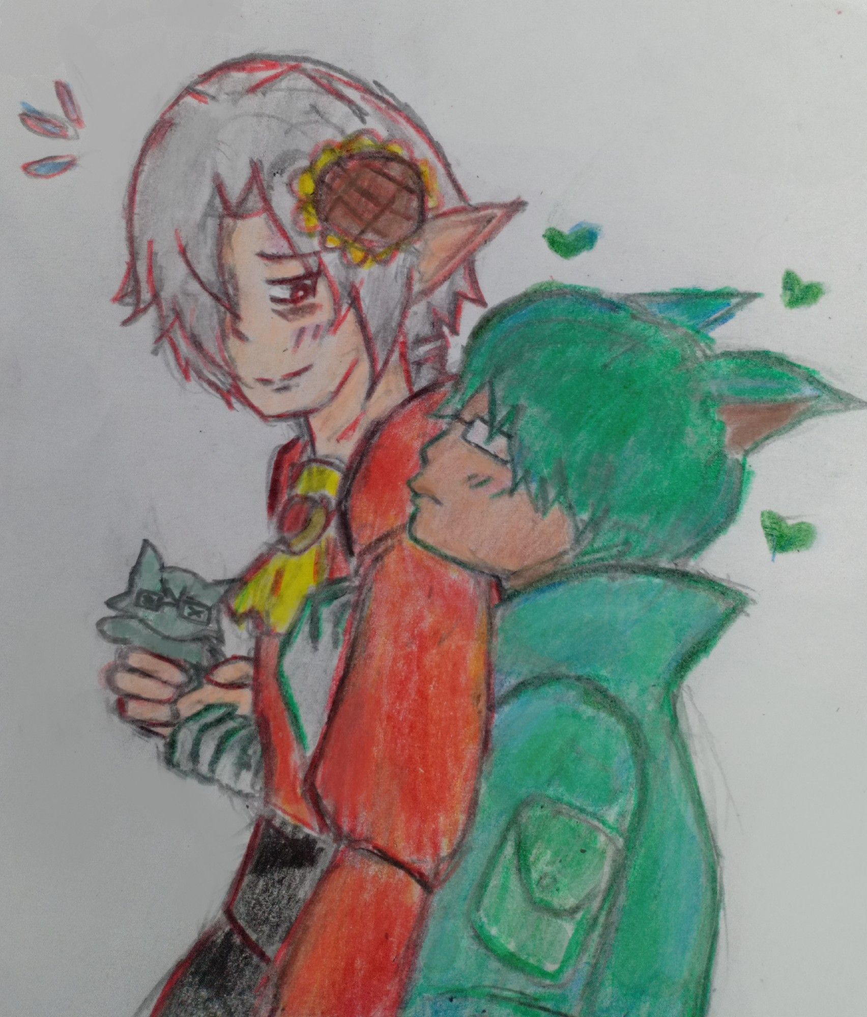 Colored pencil doodle of Asteria holding a plushie that looks like Koana while Koana hugging him