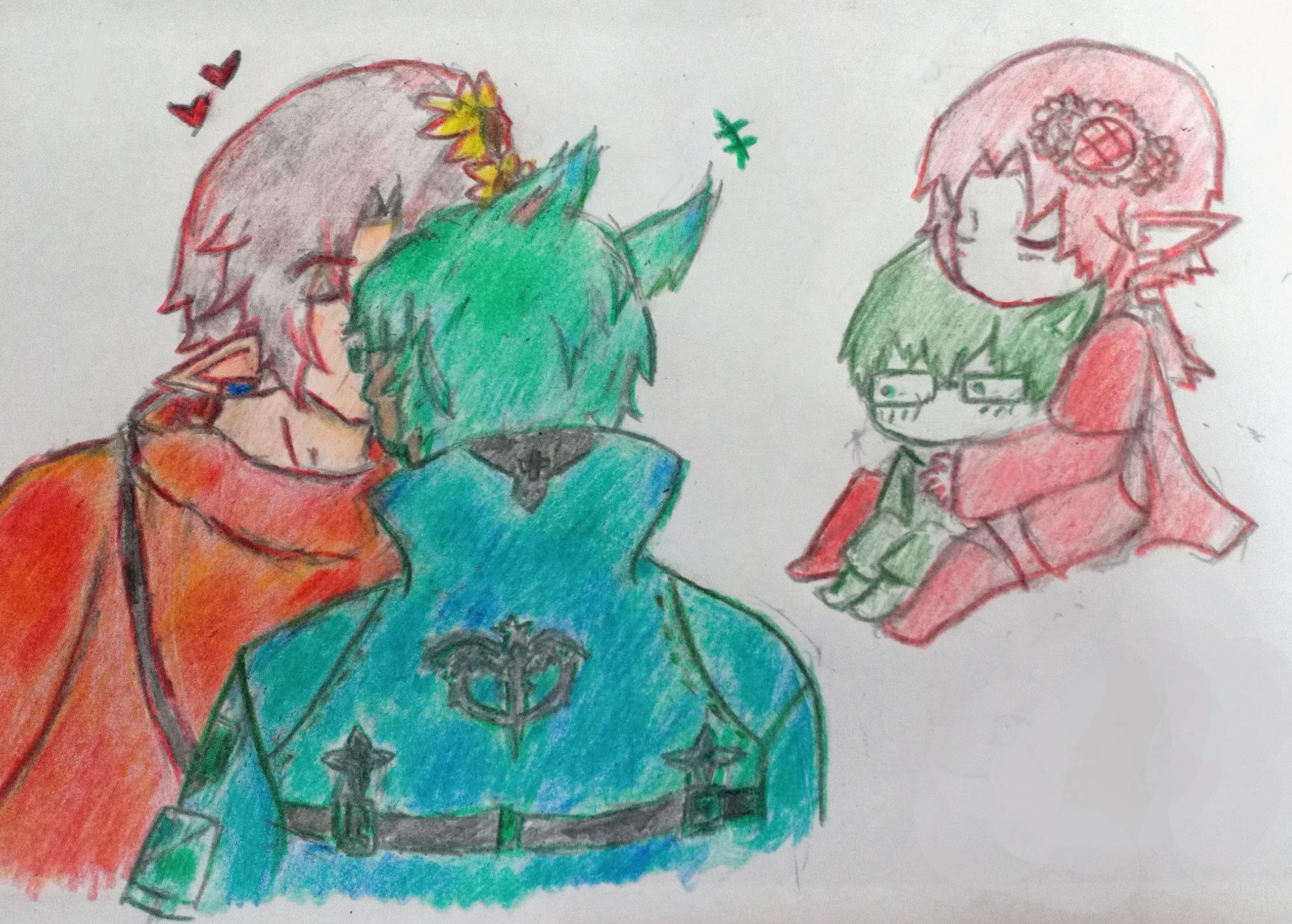 Two doodles of Asteria, an elezen WoL and Koana. Left one is a bust up portrait of Asteria kissing Koana. Left is a chibi doodle of Asteria cuddling Koana while they sit.