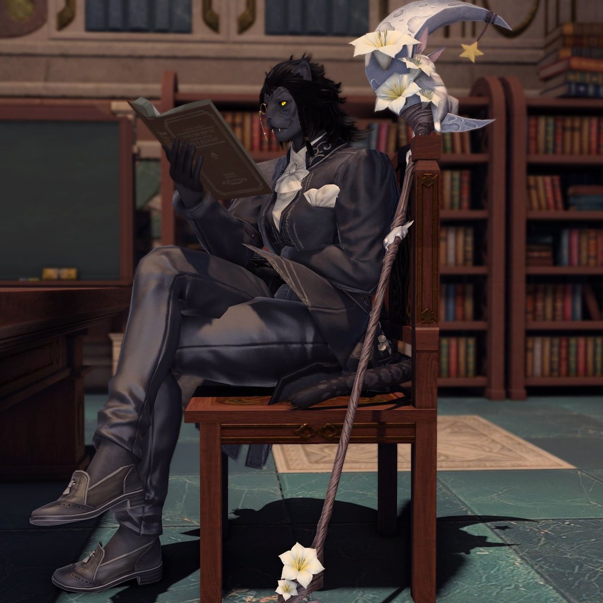 Female Hrothgar from FF14 reading a book in a library while sitting on a chair. There is a staff with a crescent moon next to her.