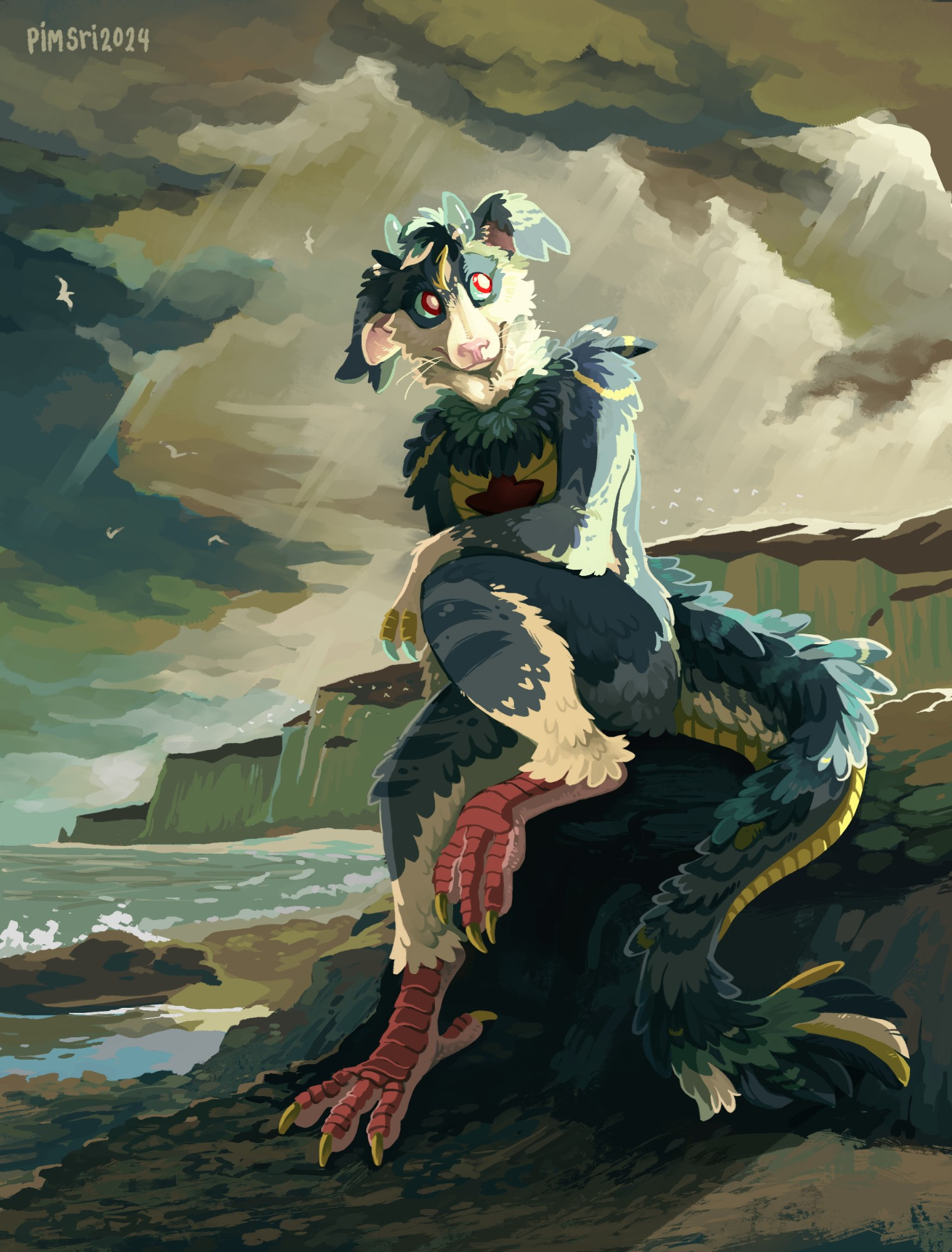 A fluffy humanoid creature with pigeon feet and dog face is sitting on a rock by a pebble beach, the sky is a cloudy morning after a storm has passed.