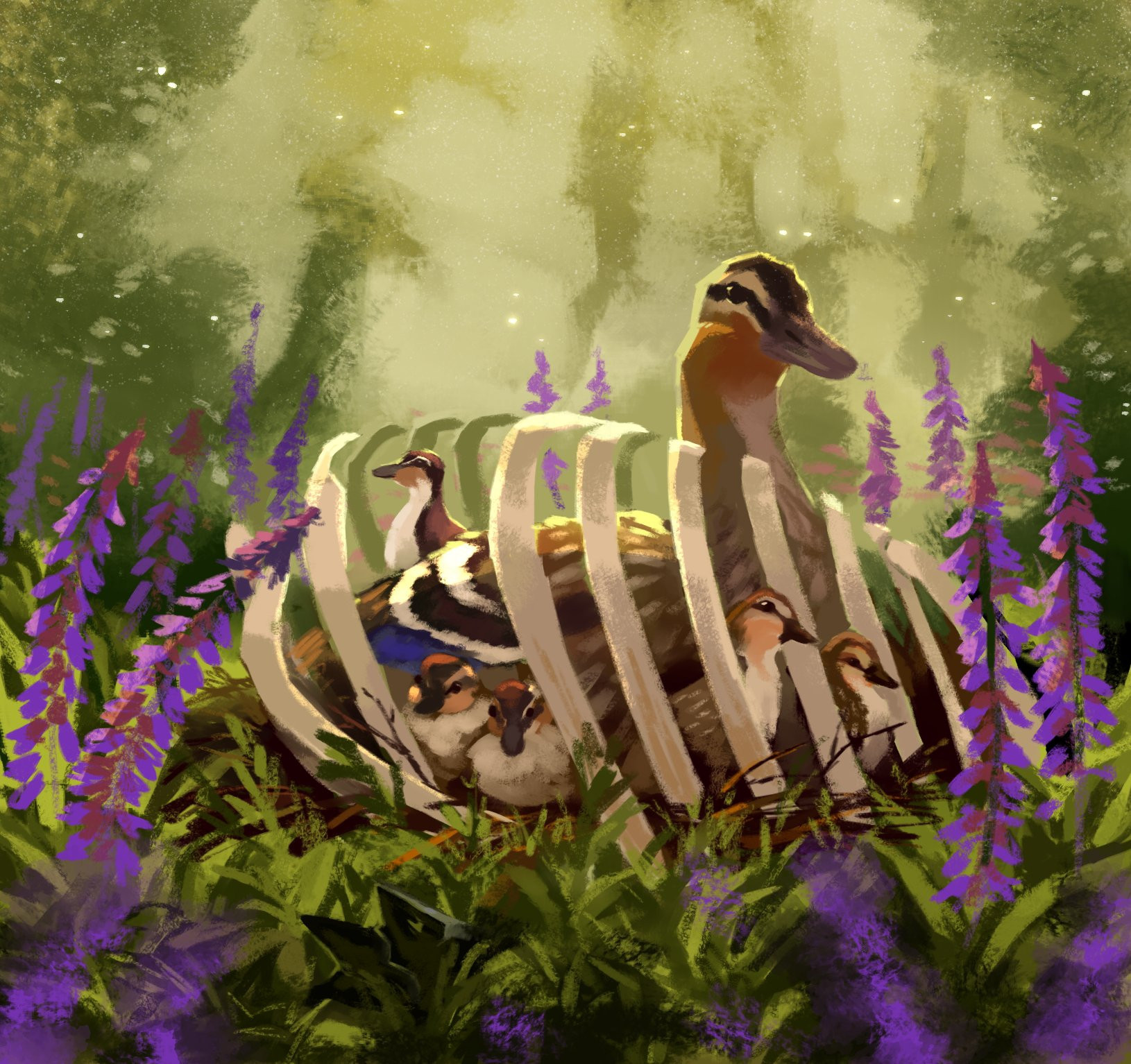 Mother duck nesting in a nest built inside a skeletal rib cage, surrounded by purple sage blossoms.