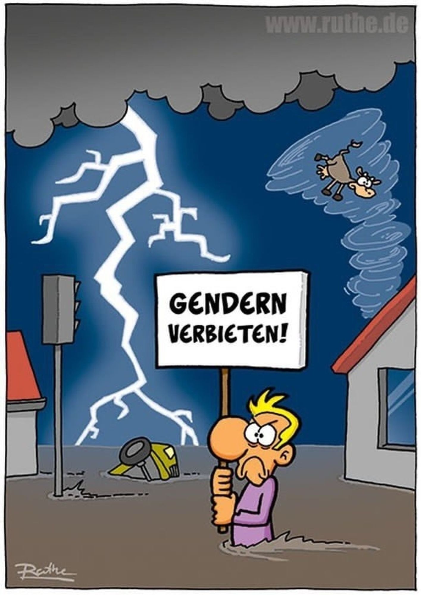 Eine Karikatur auf der ein Mann bis zu den Hüften im Wasser steht, er hält ein Schild in der Hand "Gendern verbieten". Blitze am Himmel, ein Tornado in den eine Kuh hochgewirbelt wird, Häuser und Autos versinkt im Wasser.