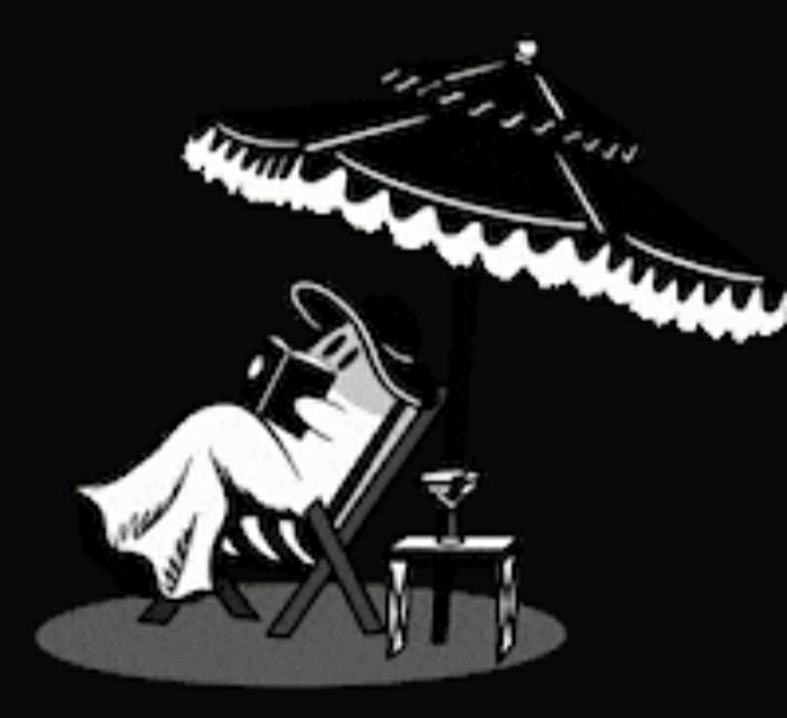 A ghost reading a book while relaxing in a beach lounger, under an umbrella, with a martini on the table next to them.