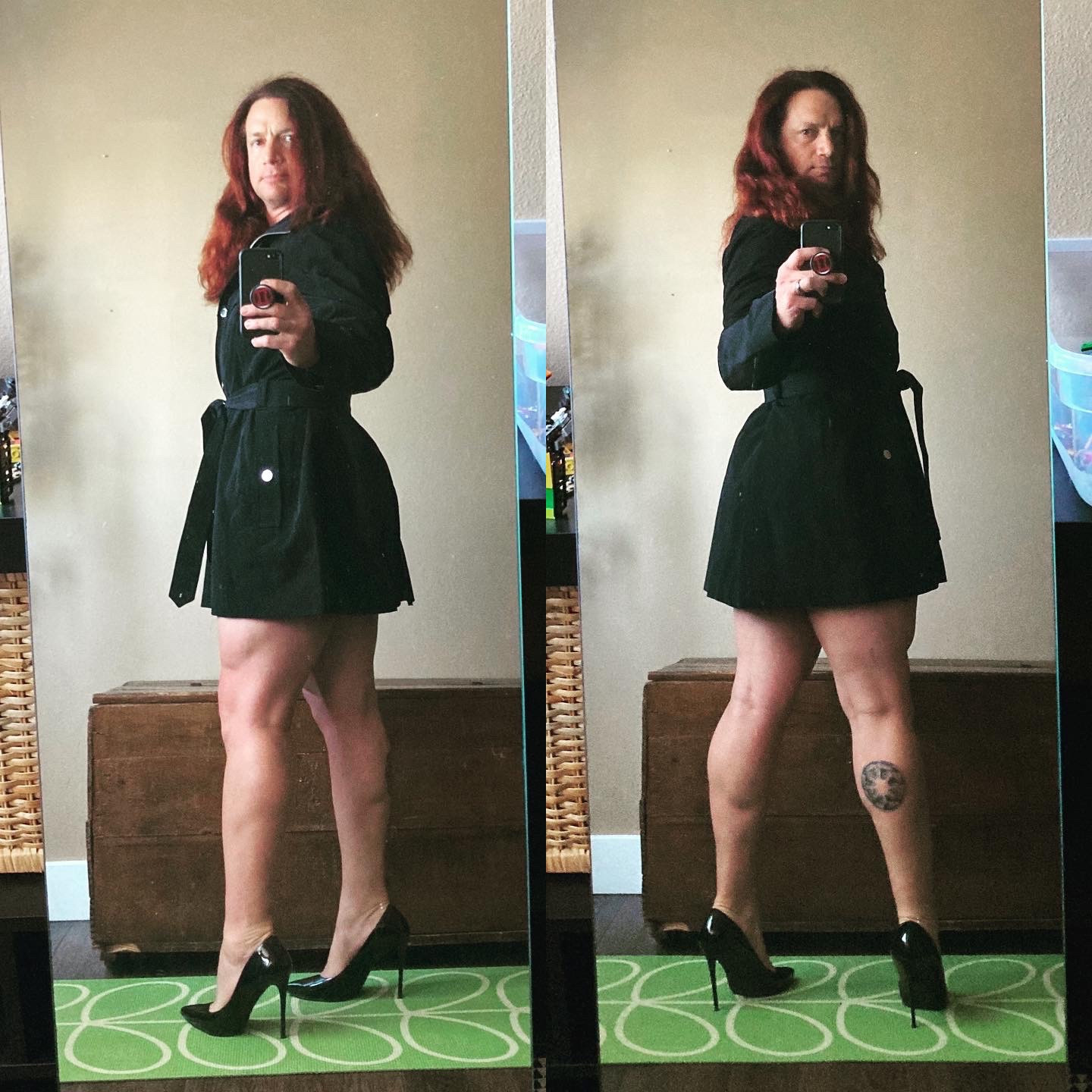 Mirror selfies of Lauren of her profile and back. She’s wearing a black trenchcoat-style raincoat that hits at midthigh. The coat is just longer than her dress, leaving her legs exposed. She’s wearing black heels and her long red hair is down.