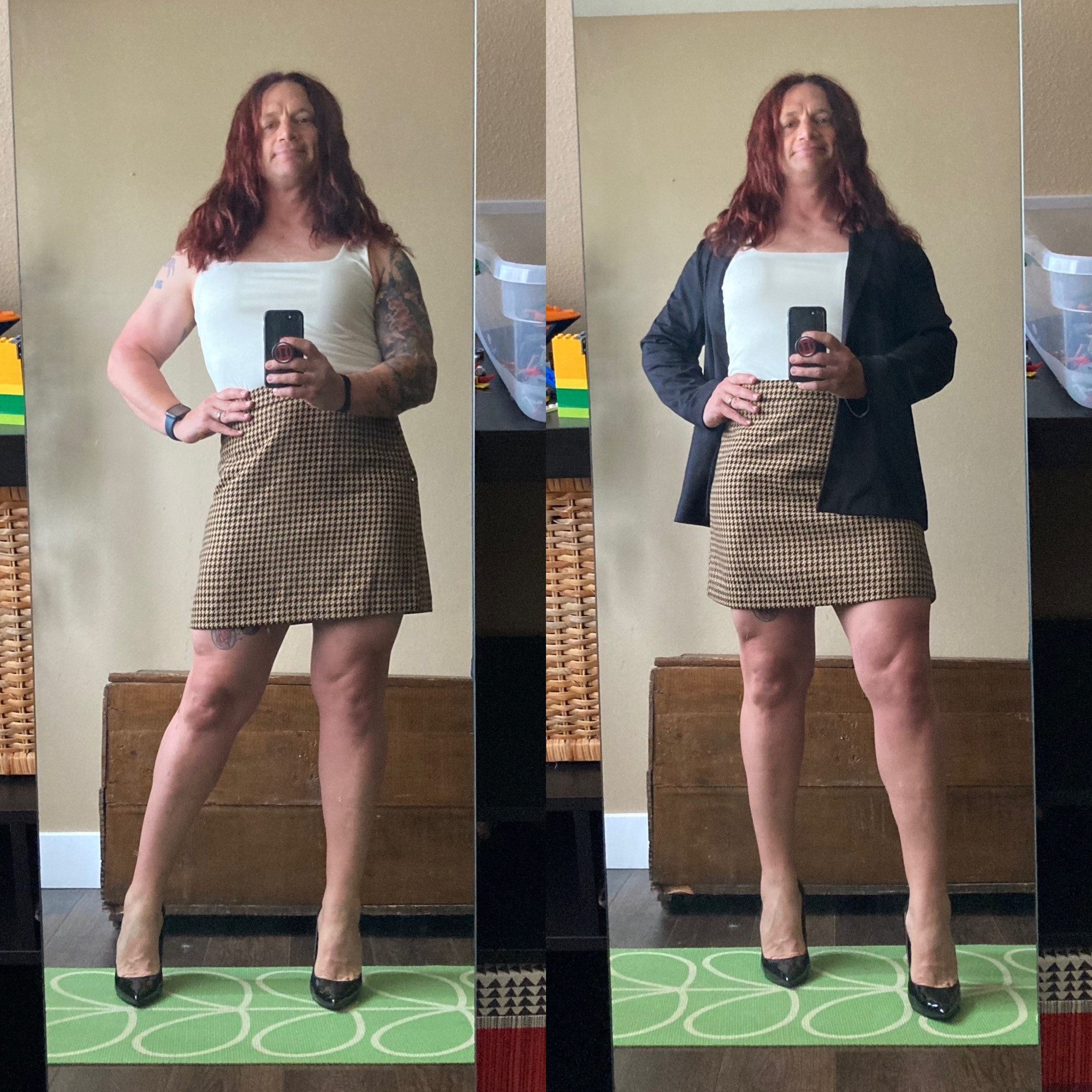 Mirror selfies of Lauren in a white cami, a high-waisted light brown houndstooth skirt, and black pumps. In the second pic she’s also wearing an unbuttoned black blazer, with a hand on her hip pushing that side of the blazer behind her.