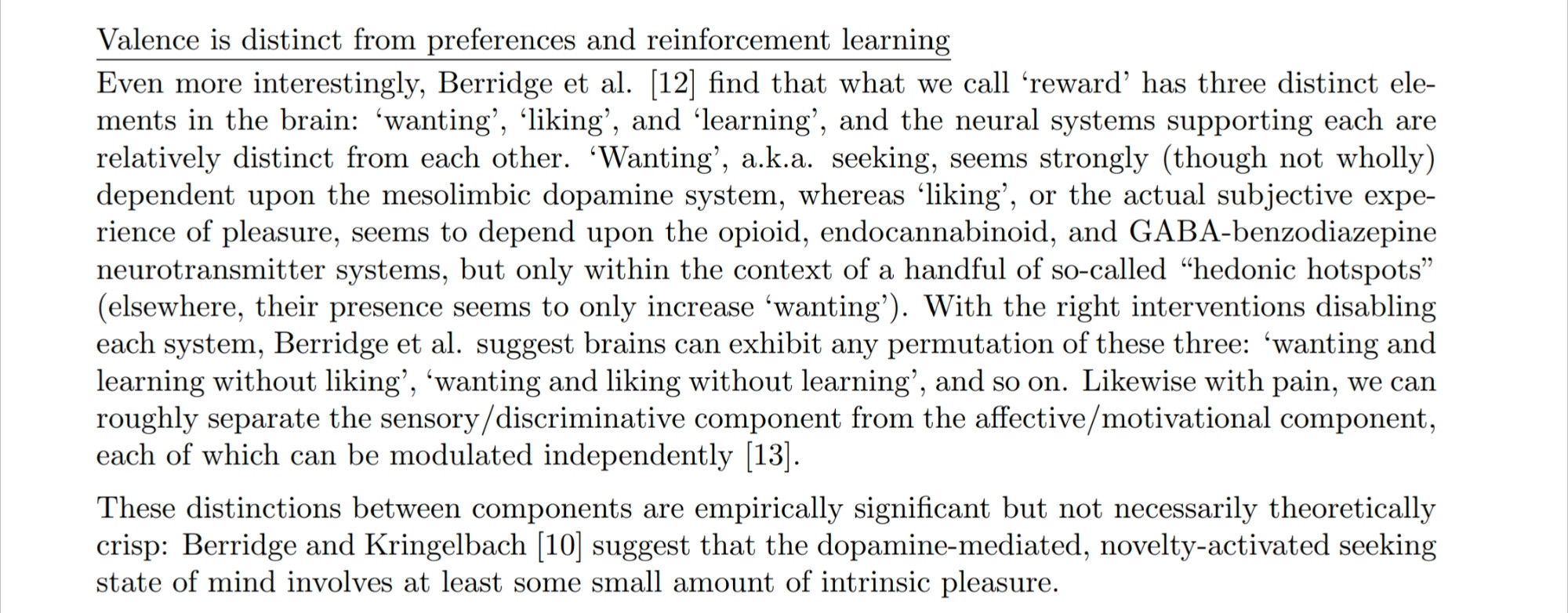 Excerpt from "Qualia Formalism and a Symmetry Theory of Valence" discussing how the brain has three distinct reward types: wanting, liking, and learning.