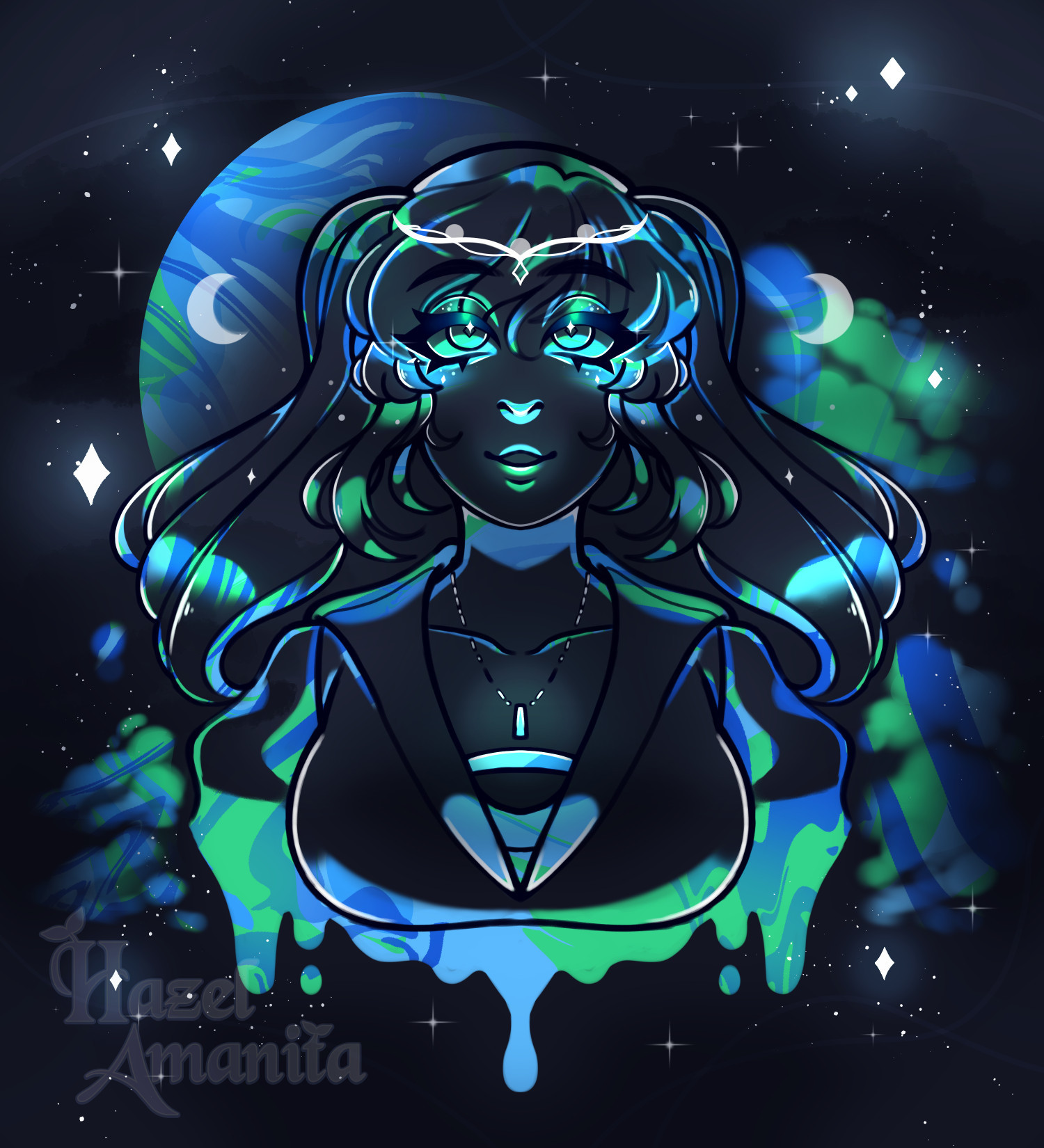 Illustration of a bust of a feminine character on dark space background. Character has long hair in pigtails. Image has blue and green accents and the character is starring at the viewer. There are white sparkles and stars surrounding them.