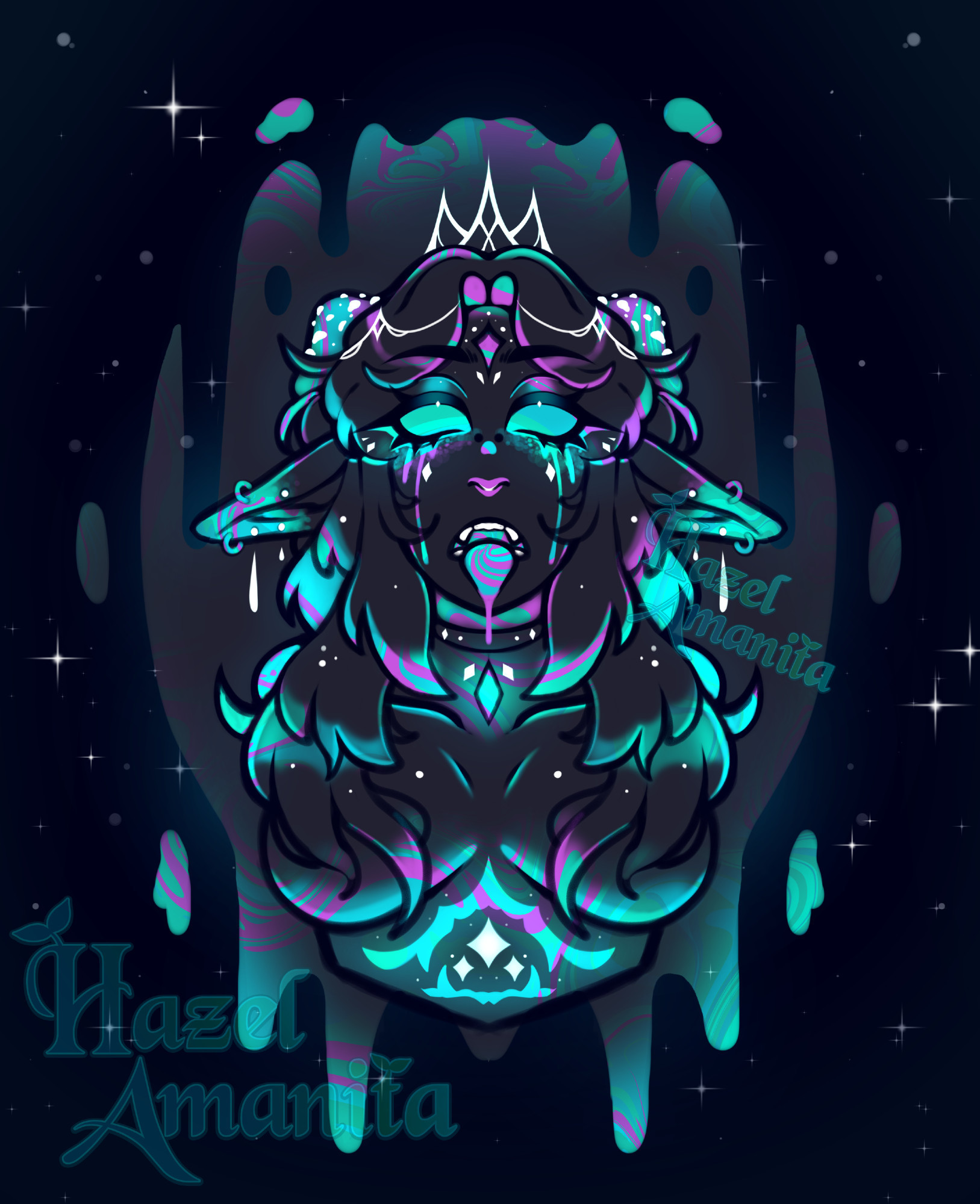 Illustration of an Elf character, bust sized proportions of the character. On a dark blue background with swirling colored accents of blue and purple, character has long hair, mushrooms in their hair, glowing accents and white jewelry and accessories. 