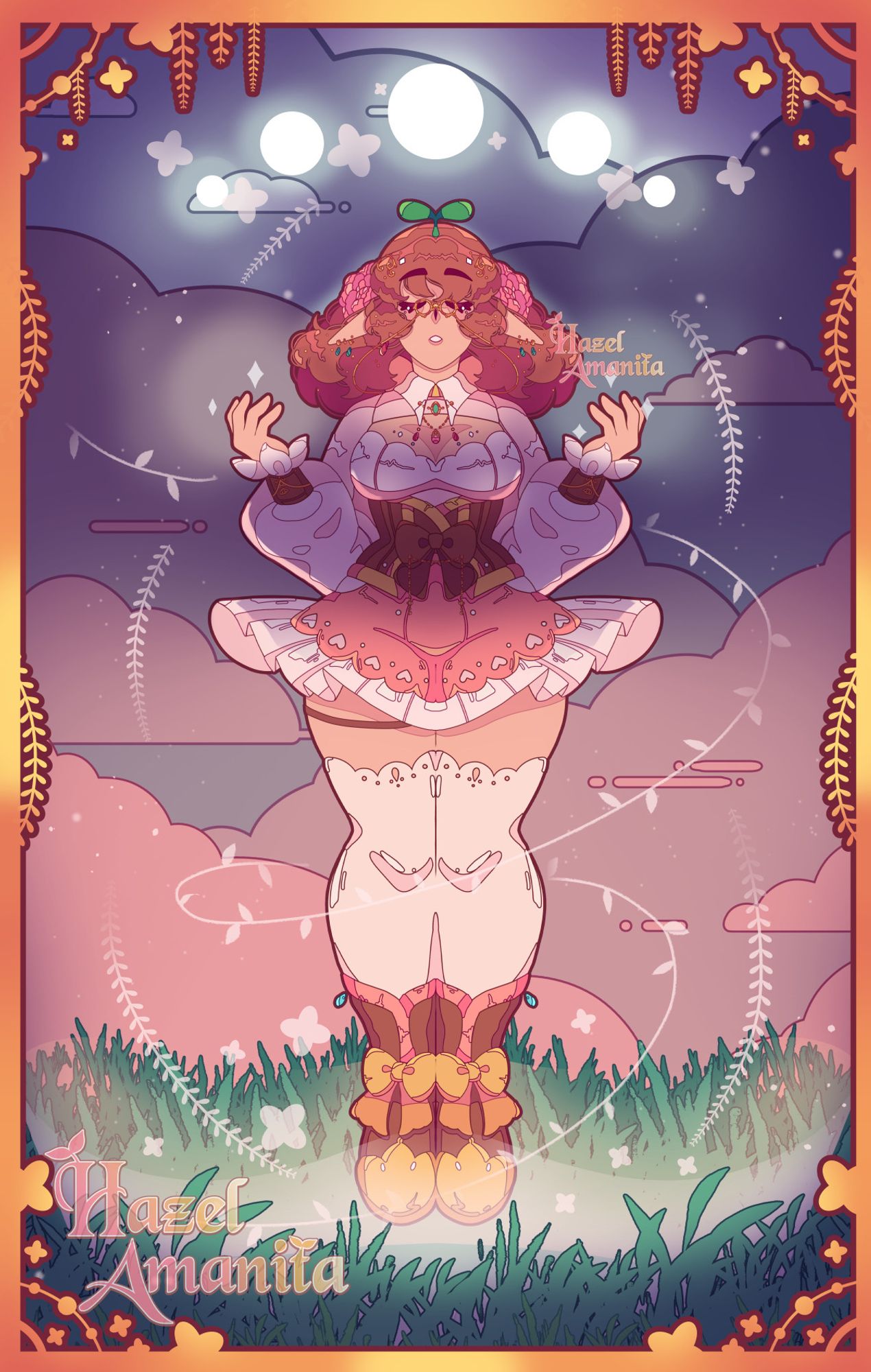 The character 'hazel amanita' is floating inside of a magical light on top of grass creating swirling leaves around them and 4 moon like circles above them. They have a clouded sky behind them and a gold frame around the whole picture