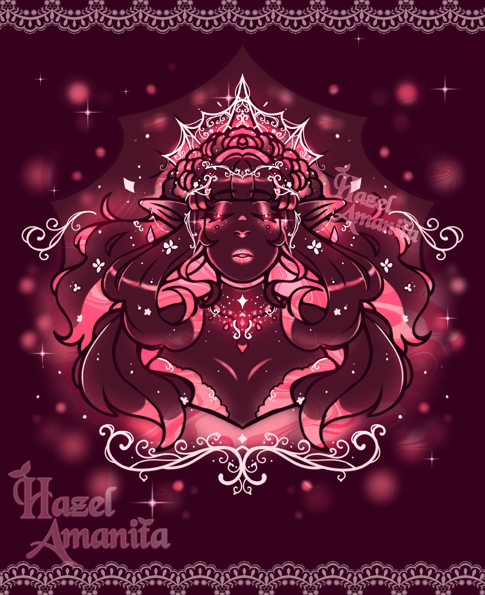 Illustration of an fairy character, bust sized proportions of the character. On a dark pink background with swirling colored accents of varying shades of pink and purple, character has long hair, flowers in their hair, glowing accents and white jewelry and accessories. Lots of lace detailing on the character and a lace border on the image. Character has a blissful expression with their eyes closed.