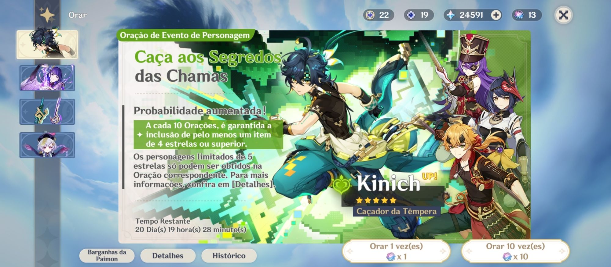 Print de tela do banner de personagem, do jogo genshin impact. No print anuncia o personagem Kinich com o tempo restante de 20 dias para resgatar ele.