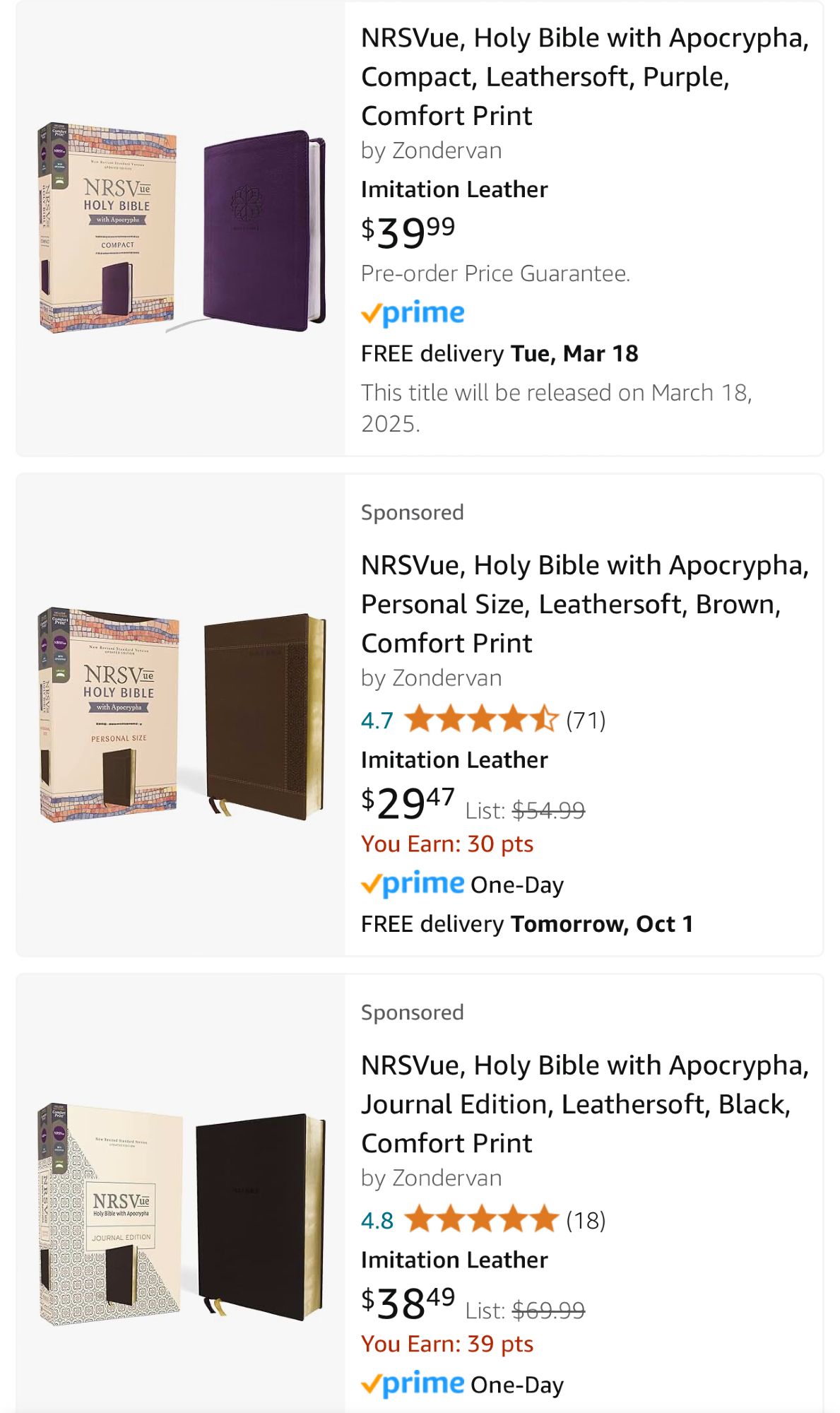 Amazon screenshot of several NRSVue Holy Bible with Apocrypha.