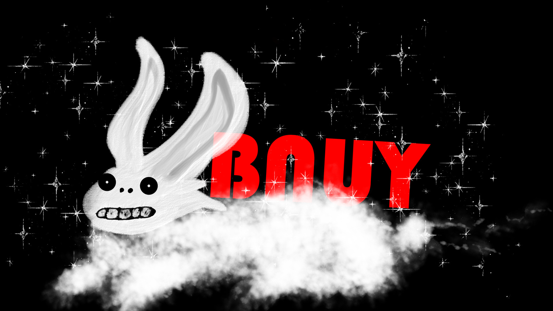 White Bunny drawn with several wildly different brush types Producing grungy grimacing teeth on a oil paint head with perfectly circular eyes on a body made of cloud in front of a star spangled black void and red text in funky lettering reading BNUY