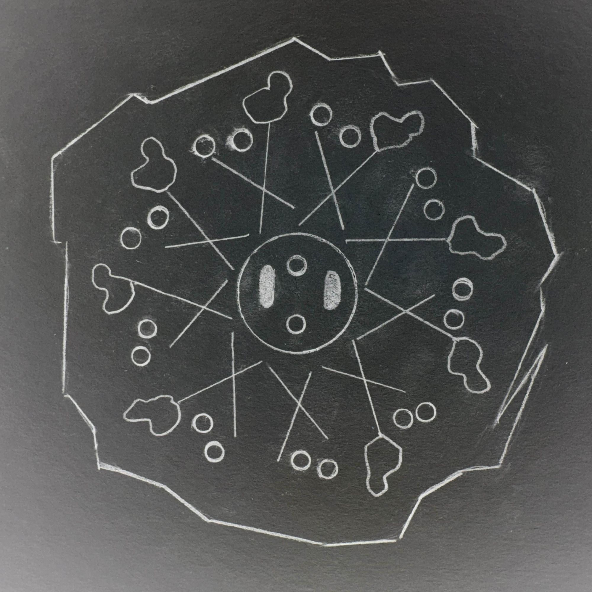 Inverted image of the original sketch for the ship faces. Based on the structure of a actin microtubule molecule complex in flagella and ancient Merkavah and proto-Christian mystic ascension magic ritual diagrams. It features many circles and crossed lines.