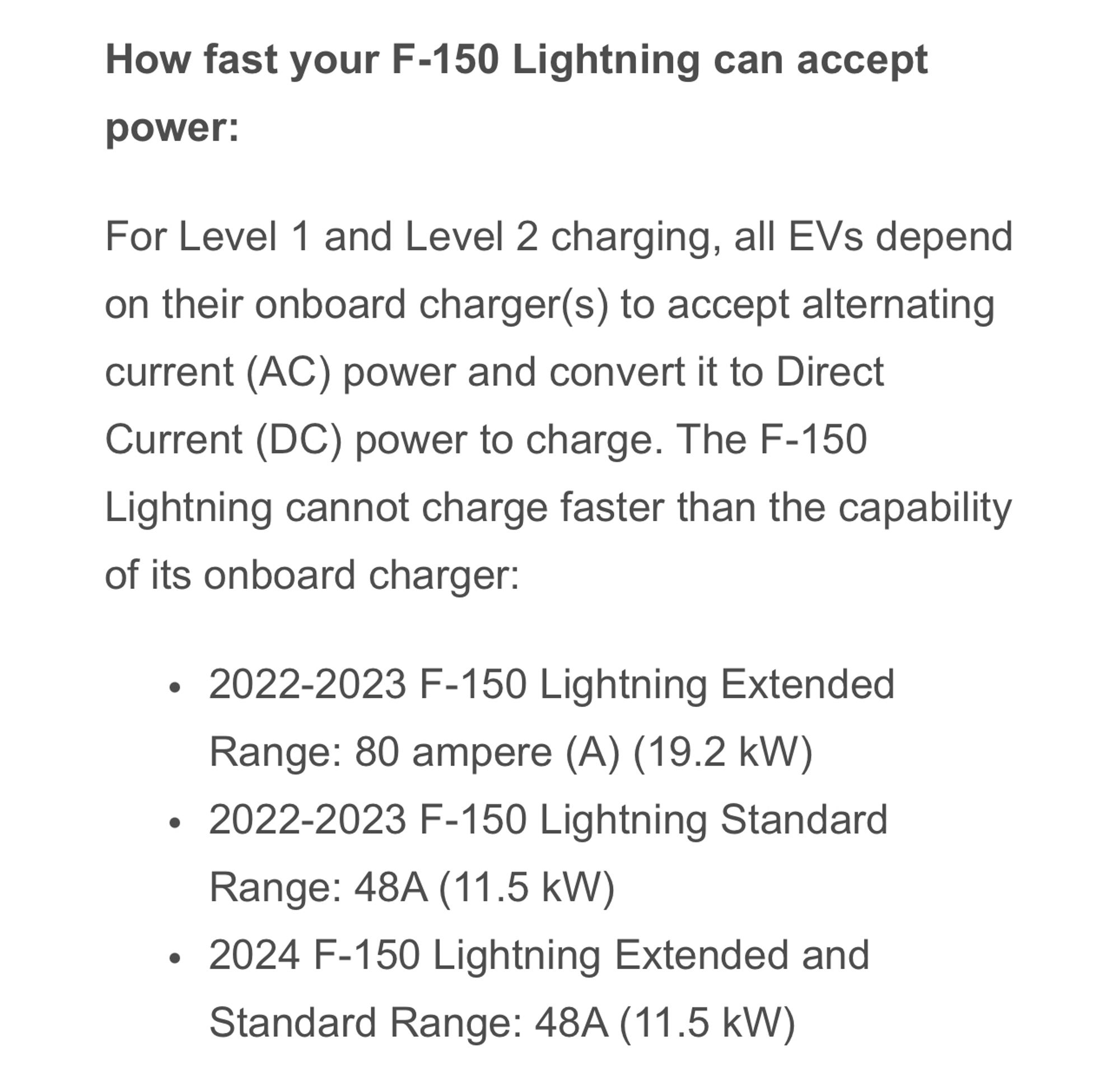 How fast your F-150 Lightning can accept power:
For Level 1 and Level 2 charging, all EVs depend on their onboard charger(s) to accept alternating current (AC) power and convert it to Direct Current (DC) power to charge. The F-150 Lightning cannot charge faster than the capability of its onboard charger:
2022-2023 F-150 Lightning Extended Range: 80 ampere (A) (19.2 kW)
2022-2023 F-150 Lightning Standard Range: 48A (11.5 kW)
2024 F-150 Lightning Extended and Standard Range: 48A (11.5 kW)