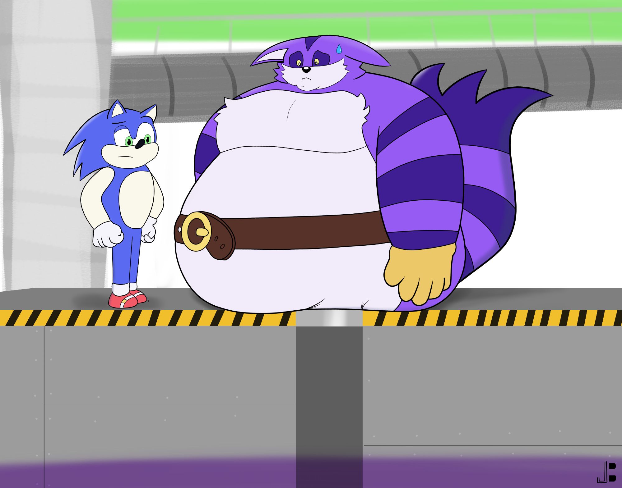 Sonic and Big at Chemical Plant Zone where Big is stuck in pipe with a confused Sonic next to him.